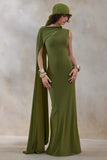 Isdelia Green Asymmetric Neck Maxi Dress With Cape Sleeve