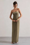 Azra Olive Satin Bandeau Maxi Dress
