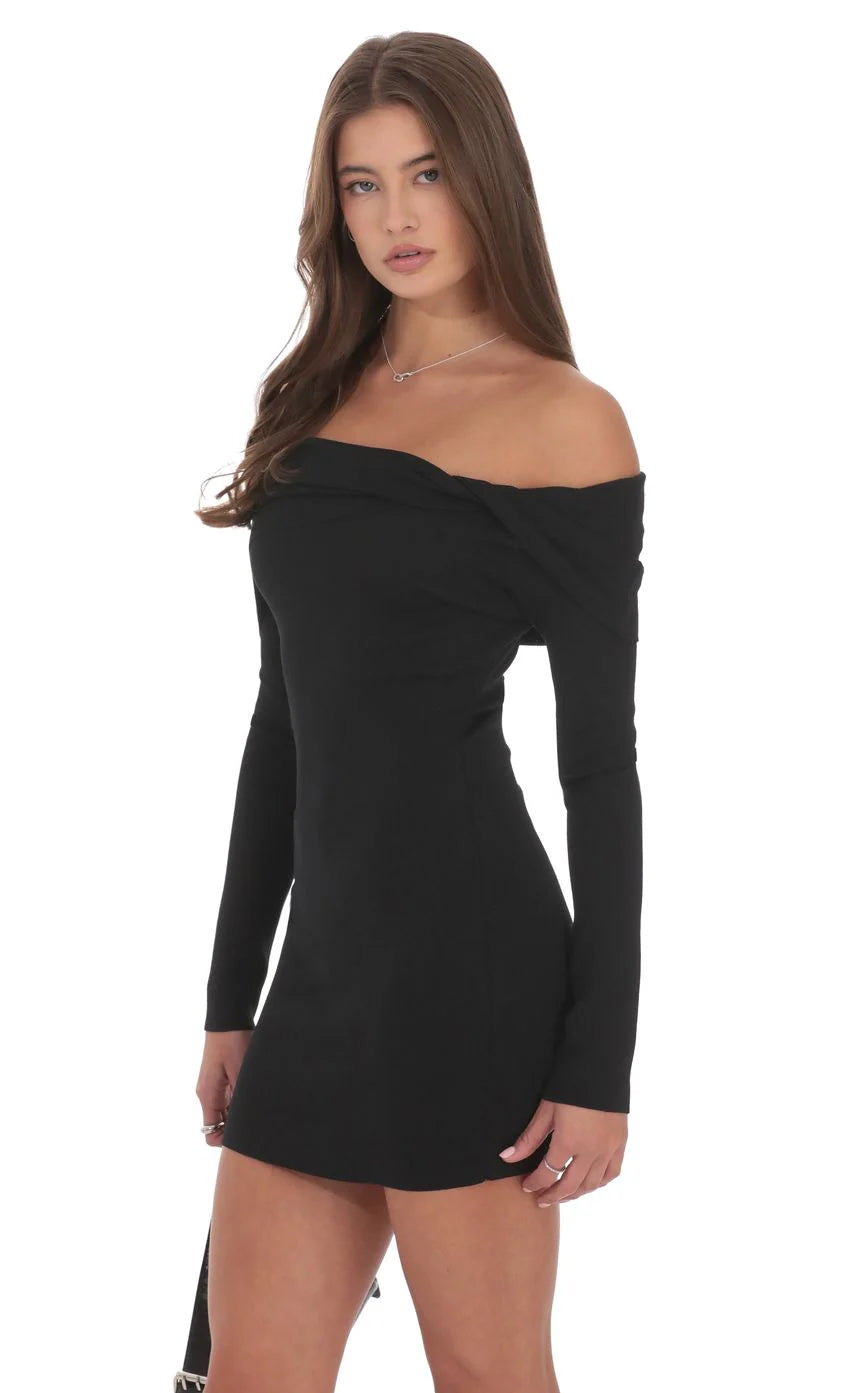 Ribbed Twist Off Shoulder Dress in Black