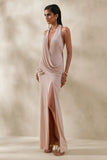 Junia Champagne Plunge Neck Wrap Maxi Dress
