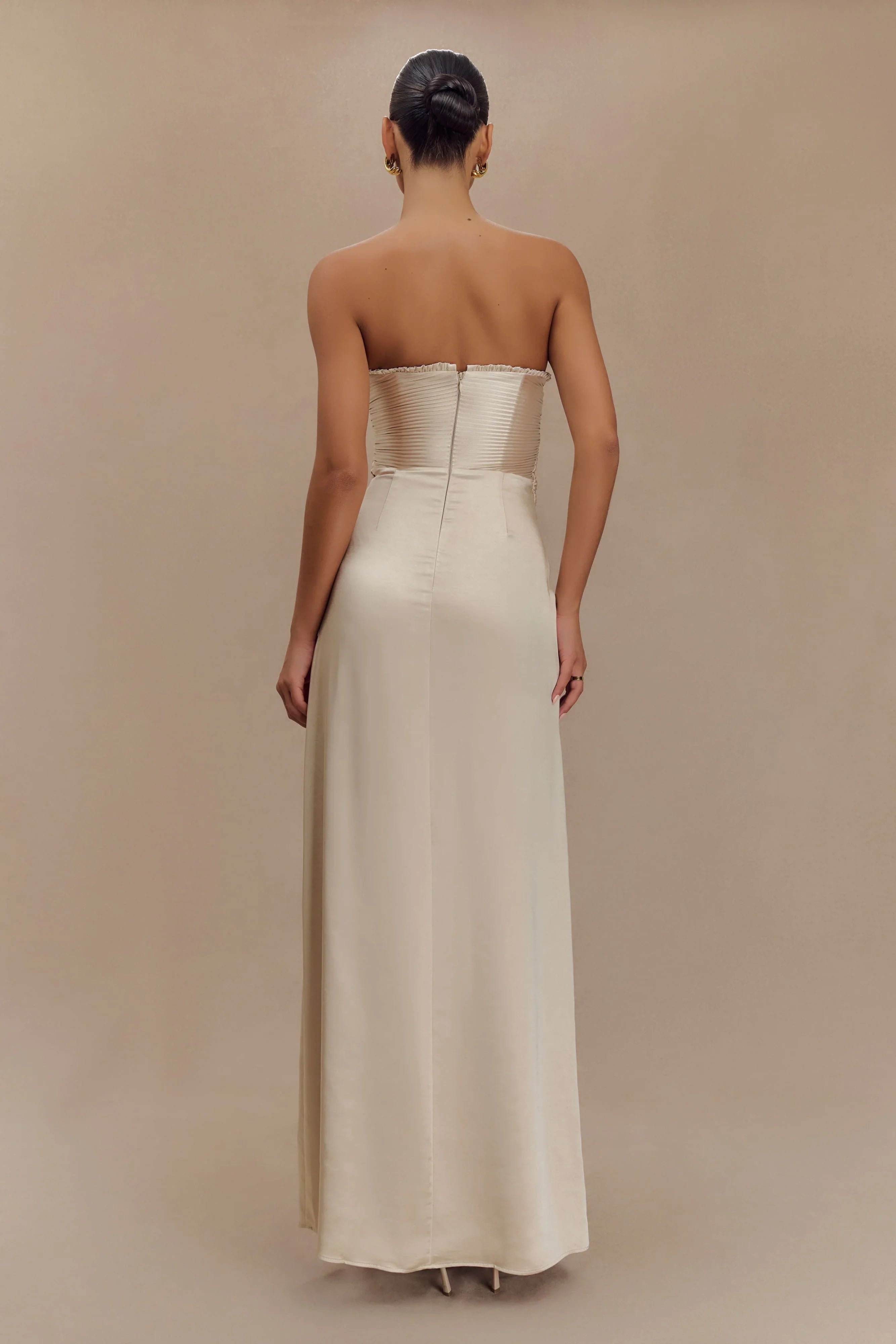 Larissa Satin Maxi Dress With Ruched Petals Blush Gold