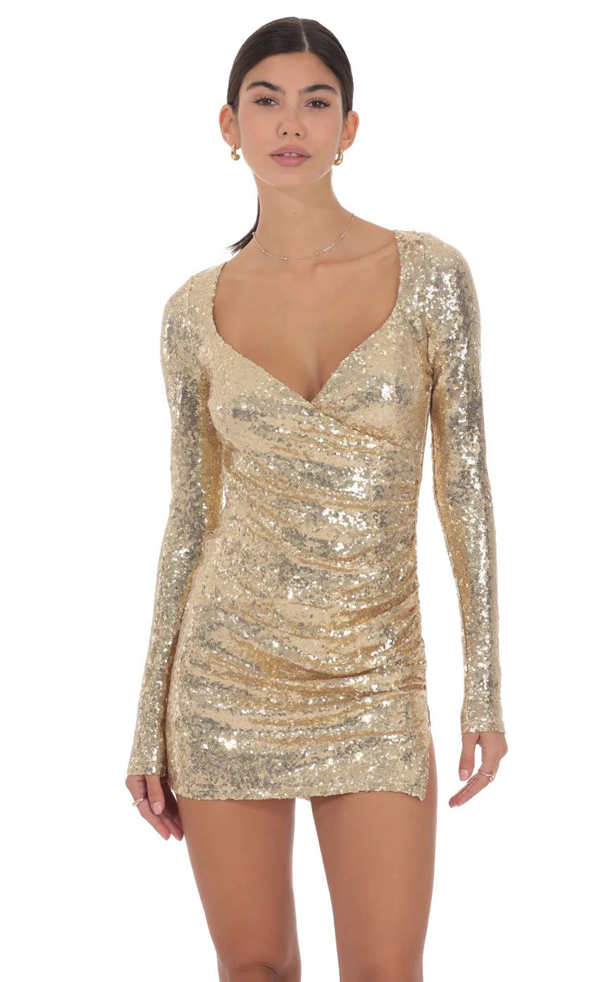 Sequin V Neck Long Sleeve Dress in Gold