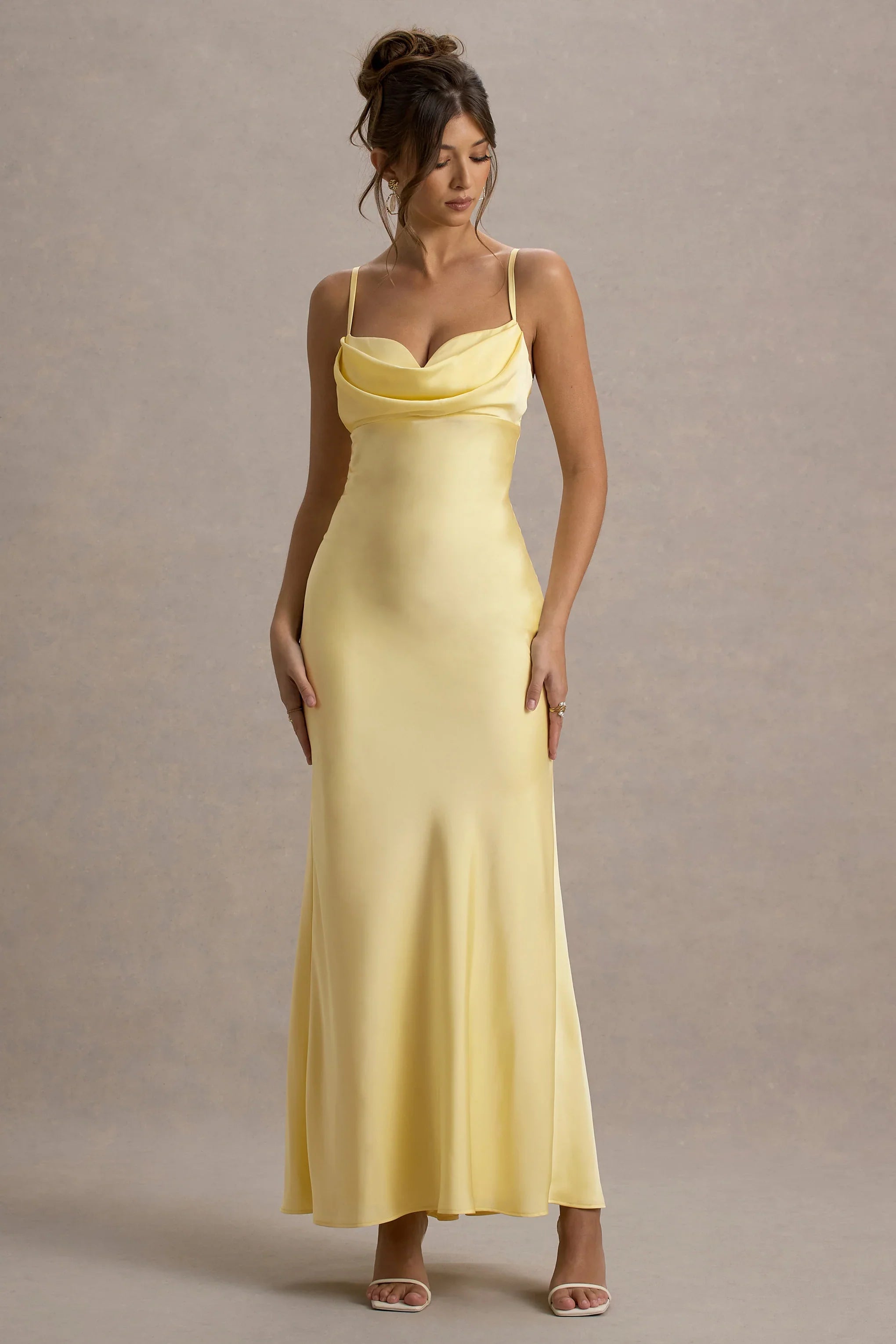 Eimear Lemon Satin Draped Sweetheart Maxi Dress