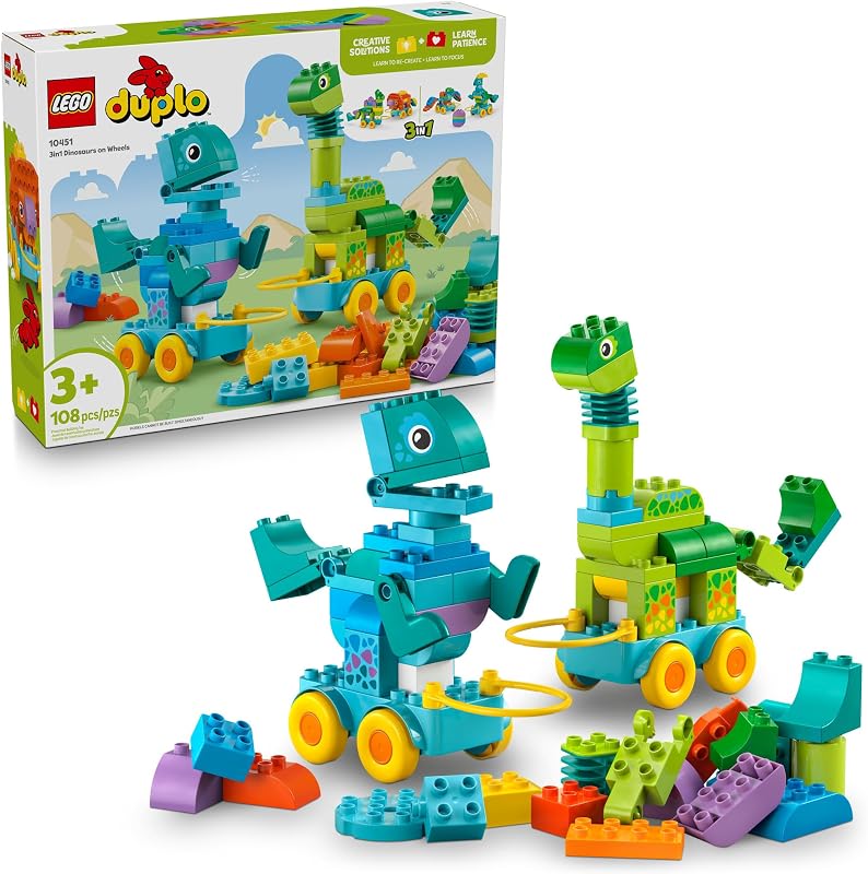 LEGO DUPLO Town 3 in 1 Dinosaurs on Wheels Learning Toy for Toddler Boys Girls Ages 3 Building Education Play Set Teaches Problem Solving Skills Through Play Preschool Gift Idea 10451