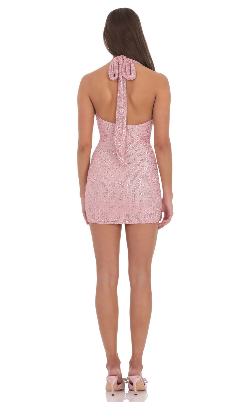 Sequin Halter Dress in Rose Pink