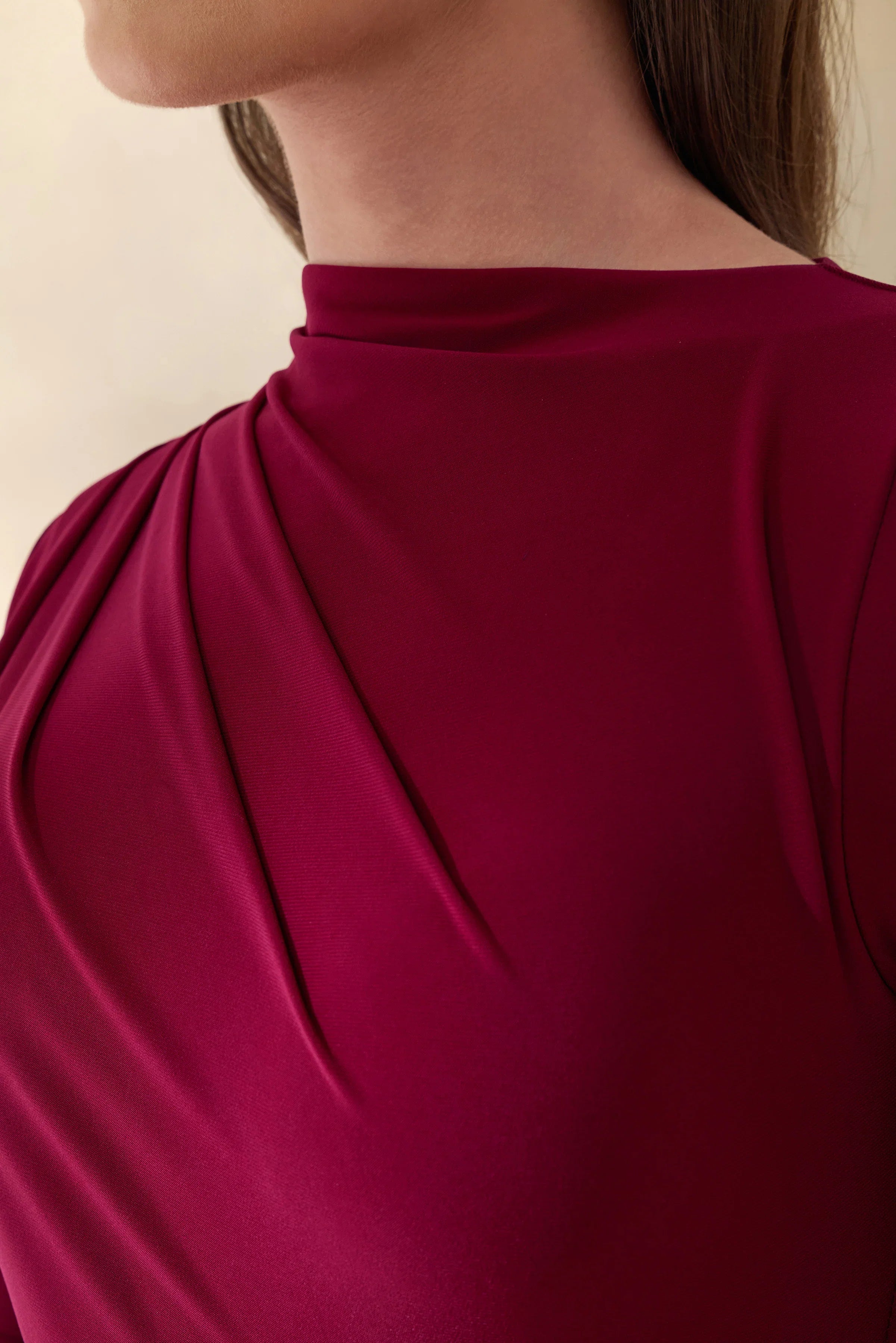 Karessa Berry High Neck Maxi Dress With Gathered Detailing And Front High Split
