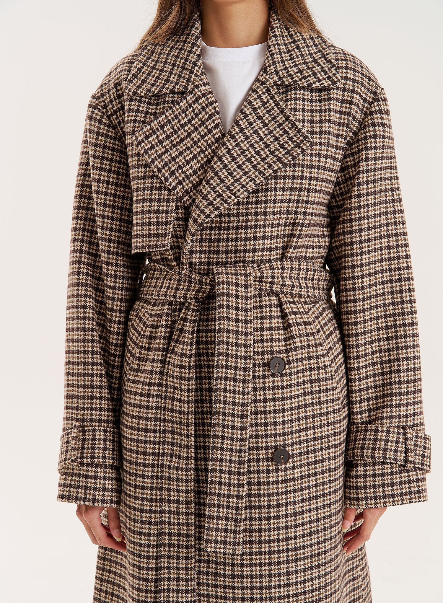 Brown Checked Belted Wool Blend Trench Coat