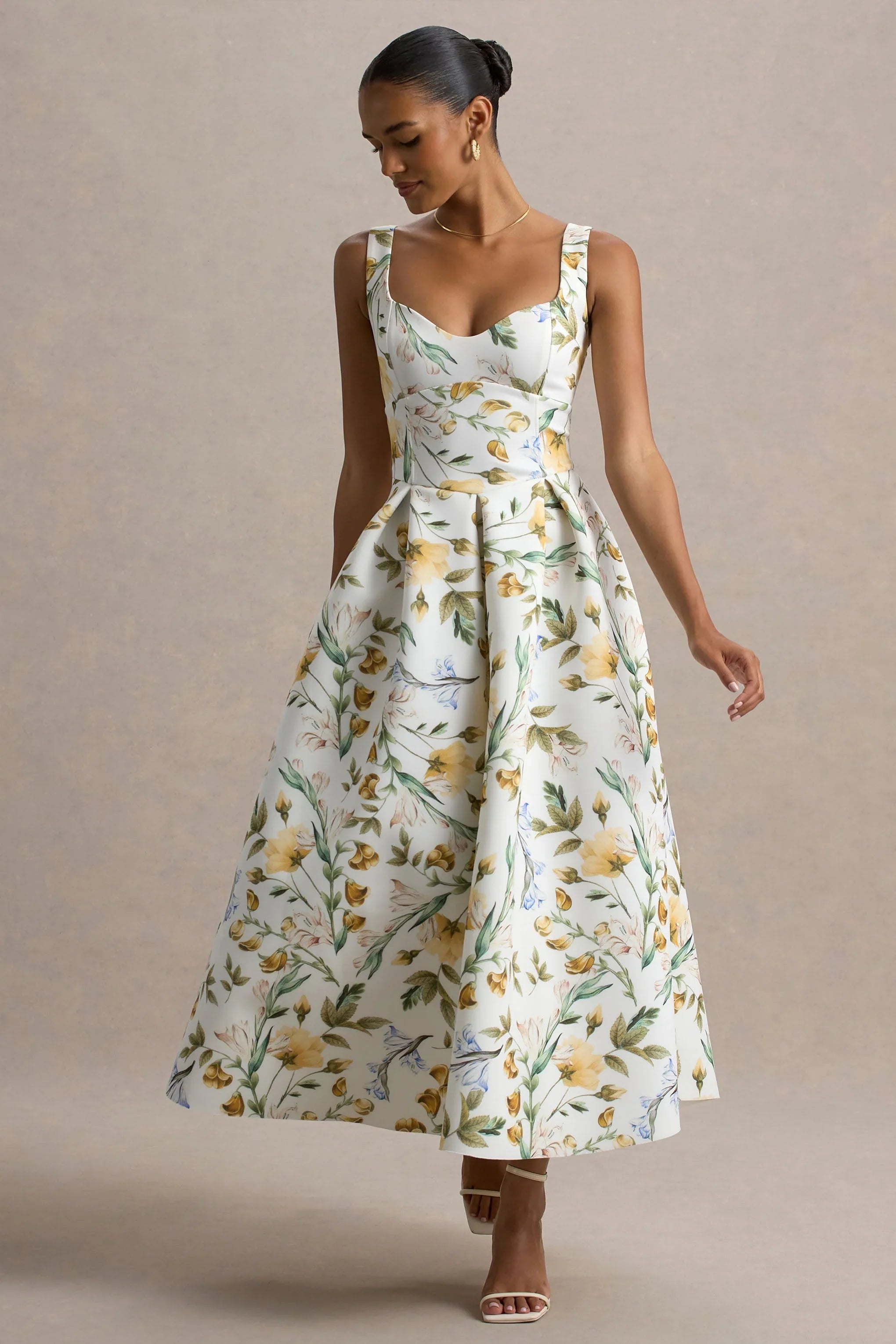 Rosemary Floral Print Sweetheart Midi Dress With Drop Waist