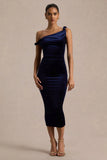 Carella Navy Velvet Twisted Asymmetric Midi Dress