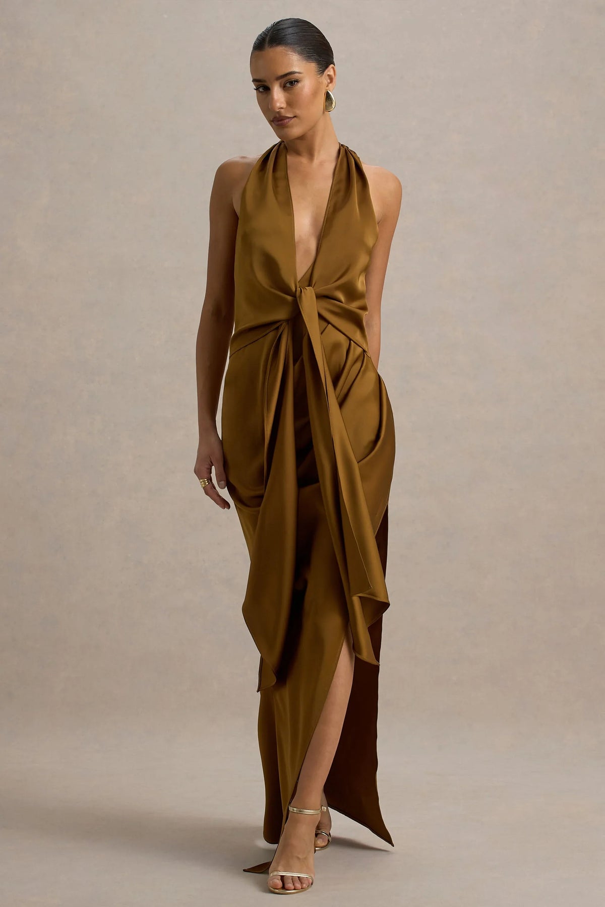 Lynette Olive Satin Plunge Neck Maxi Dress With Asymmetric Hem