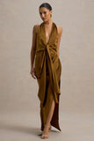 Lynette Olive Satin Plunge Neck Maxi Dress With Asymmetric Hem