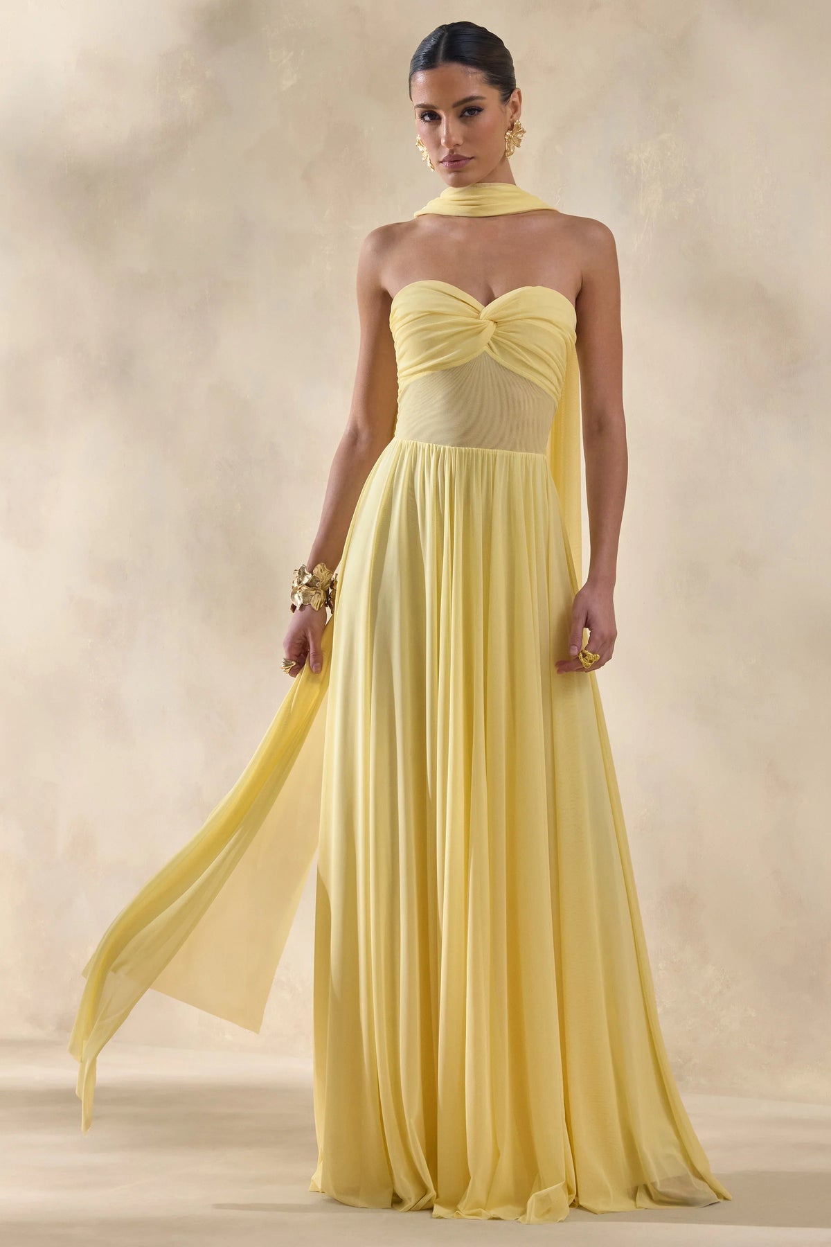 Lyvoria Lemon Bandeau Maxi Dress With Mesh Detail And Scarf