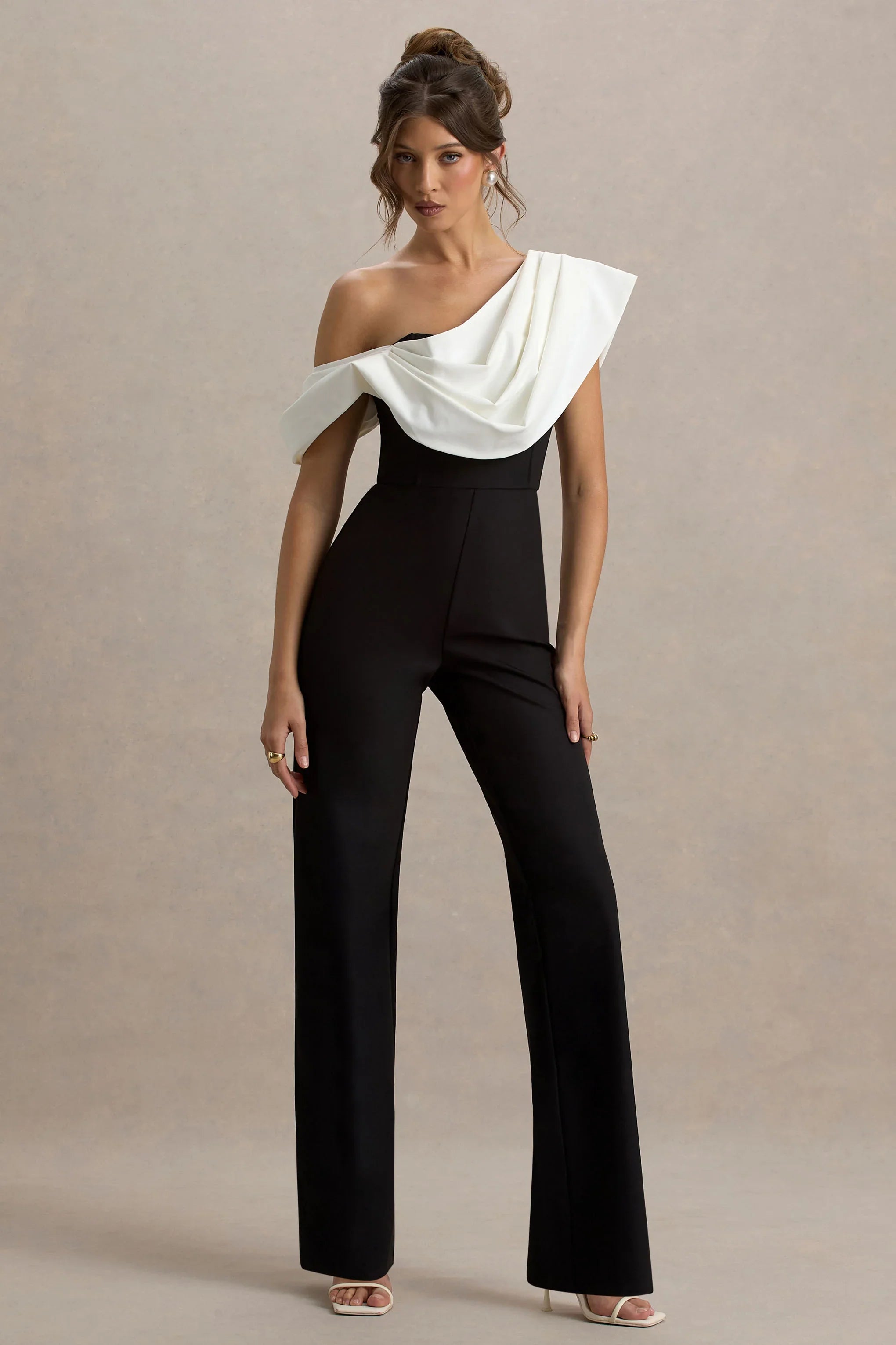 Falling For You Black White Asymmetric Draped Jumpsuit