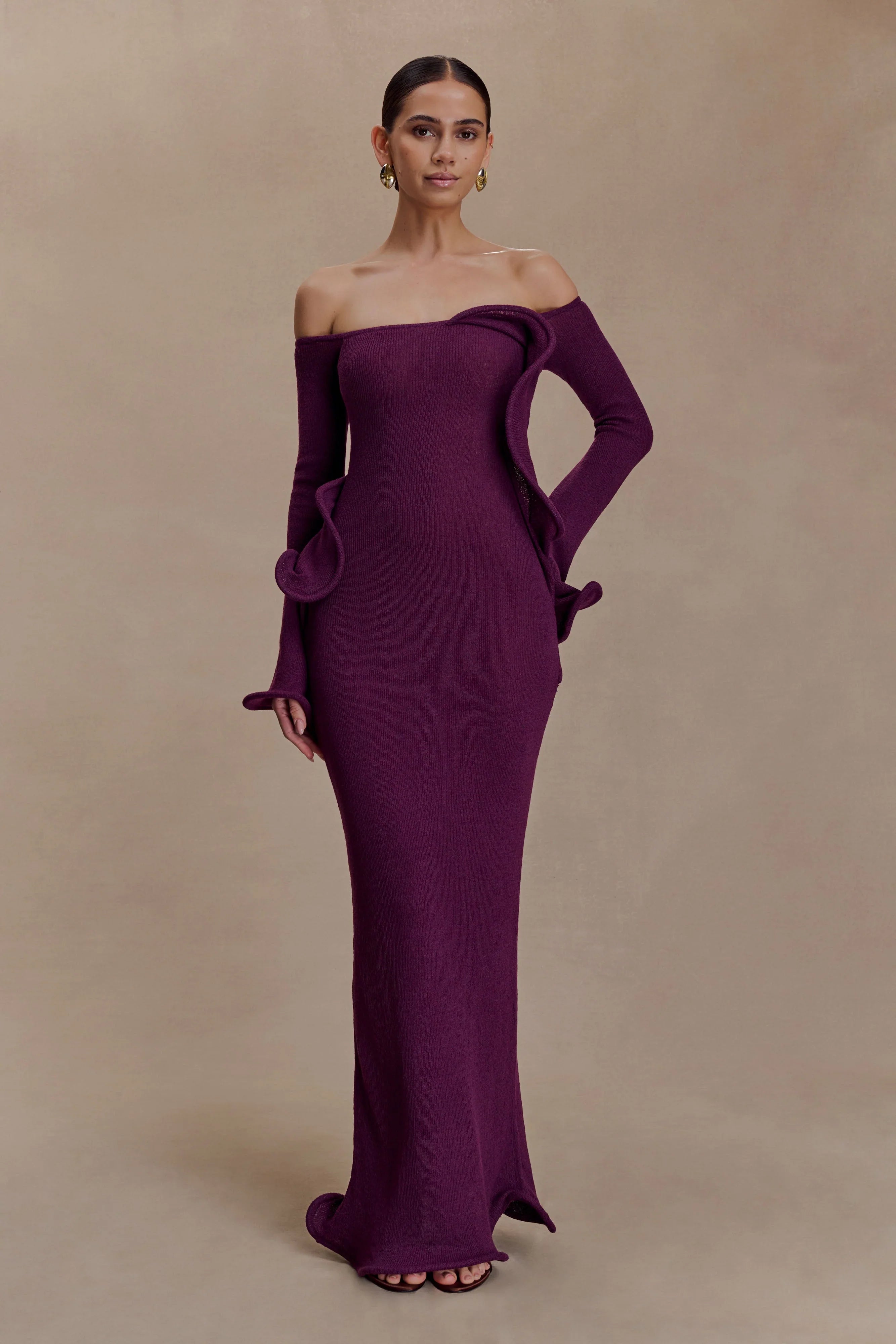 Sandrine Off Shoulder Knit Maxi Dress Plum