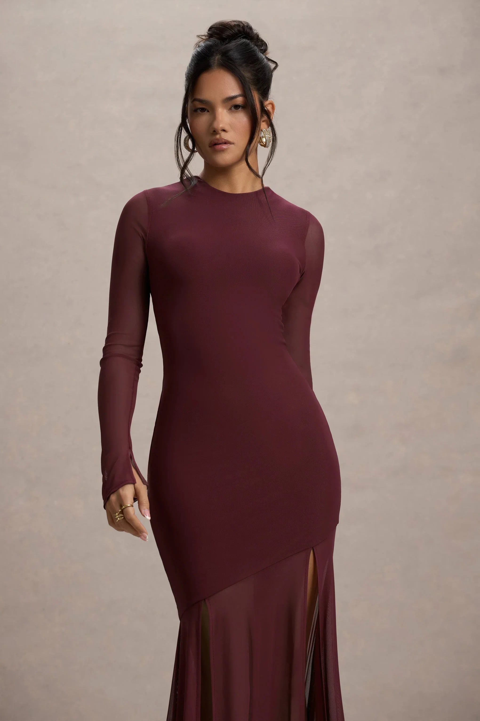 Tigerlily Port Mesh Long Sleeve Open Back Maxi Dress