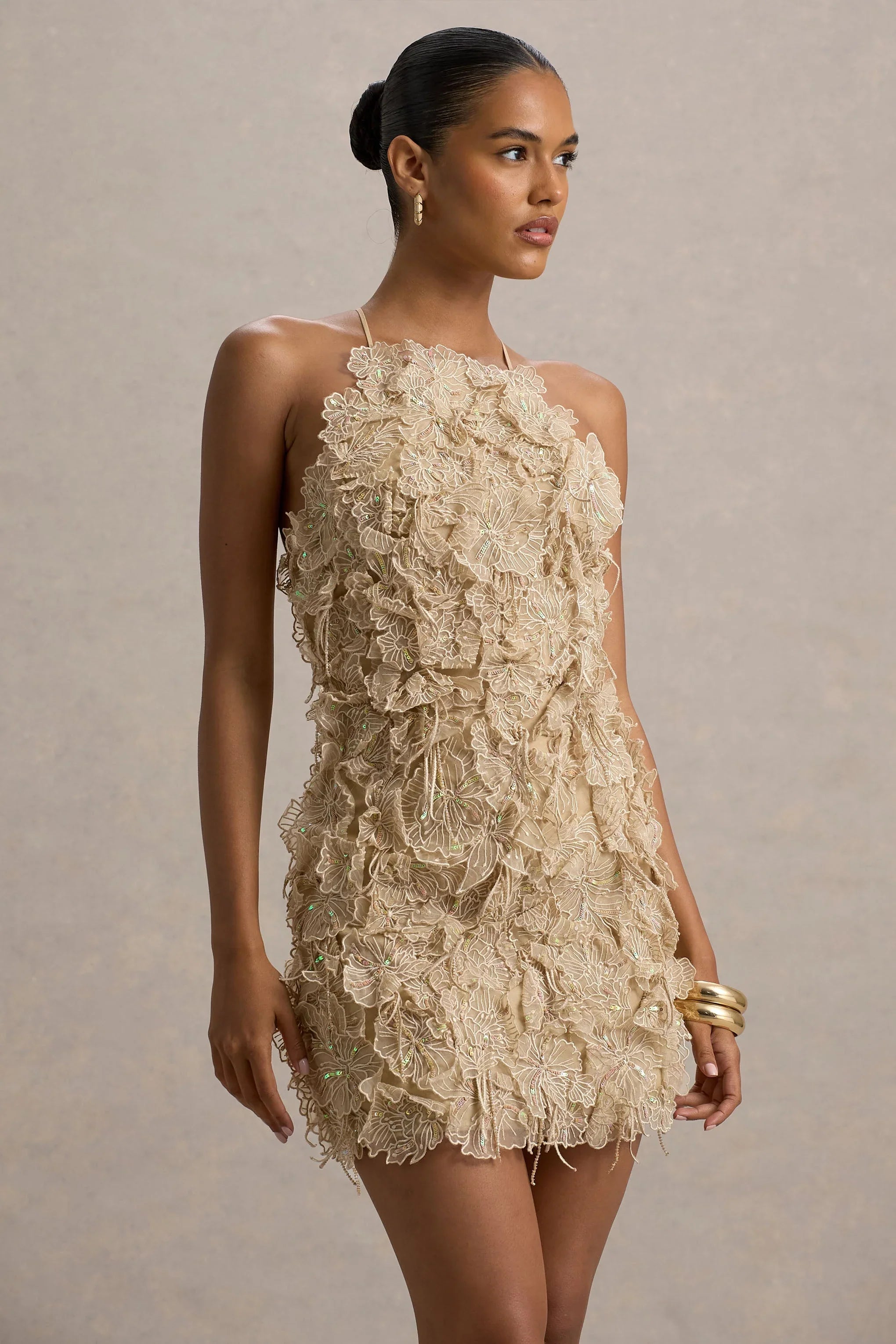 Kamara Nude Sequin Floral Halter Neck Mini Dress