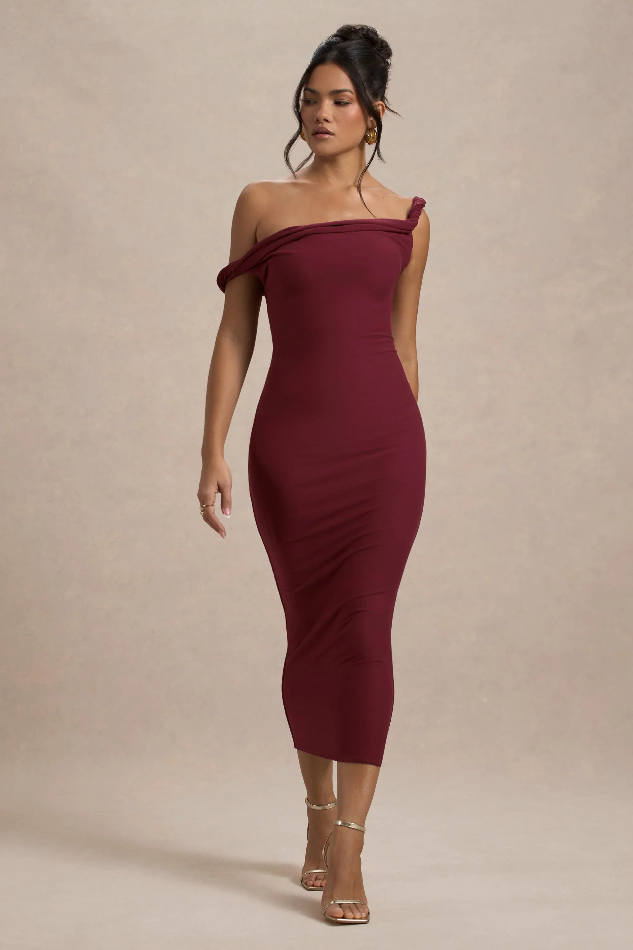 Salome Berry Twisted Asymmetric Midi Dress