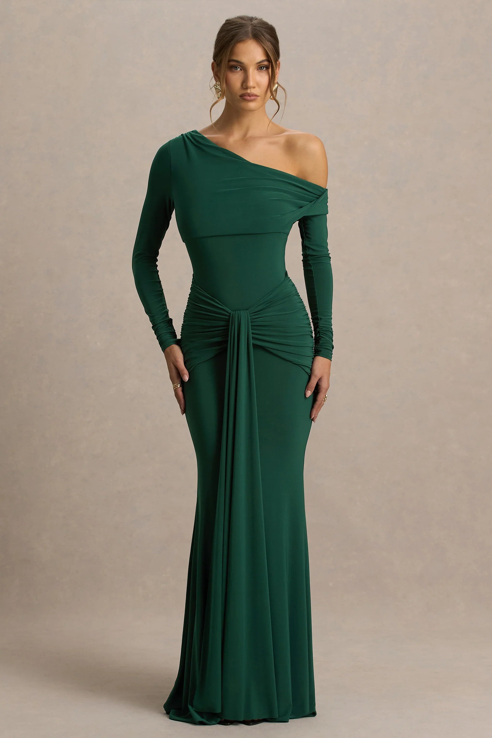 Clover Dark Green Asymmetric Neck Wrapped Maxi Dress With Sash