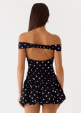Endless Romance Off Shoulder Mini Dress Black Polkadot