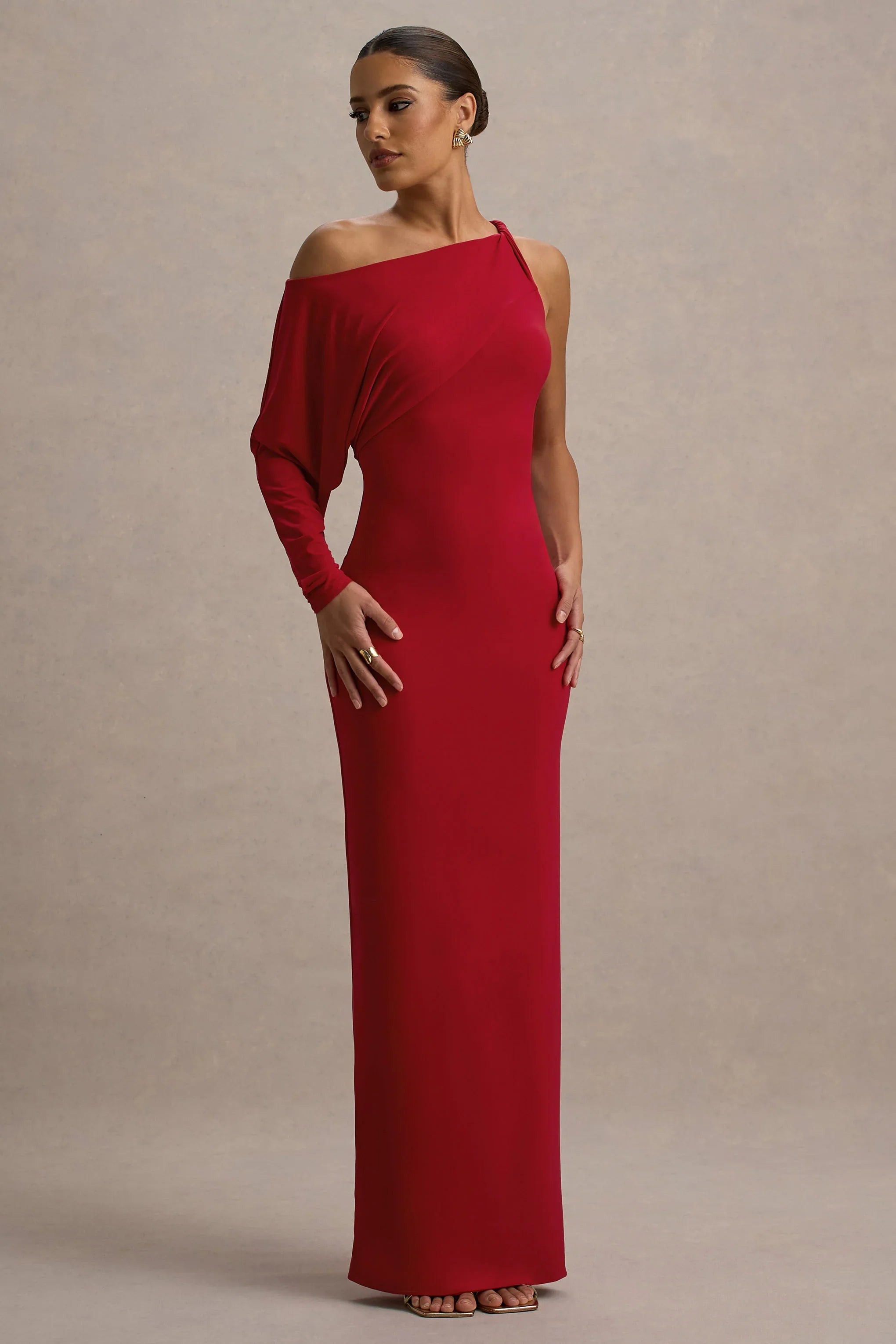 Floria Red Draped One Sleeve Maxi Dress