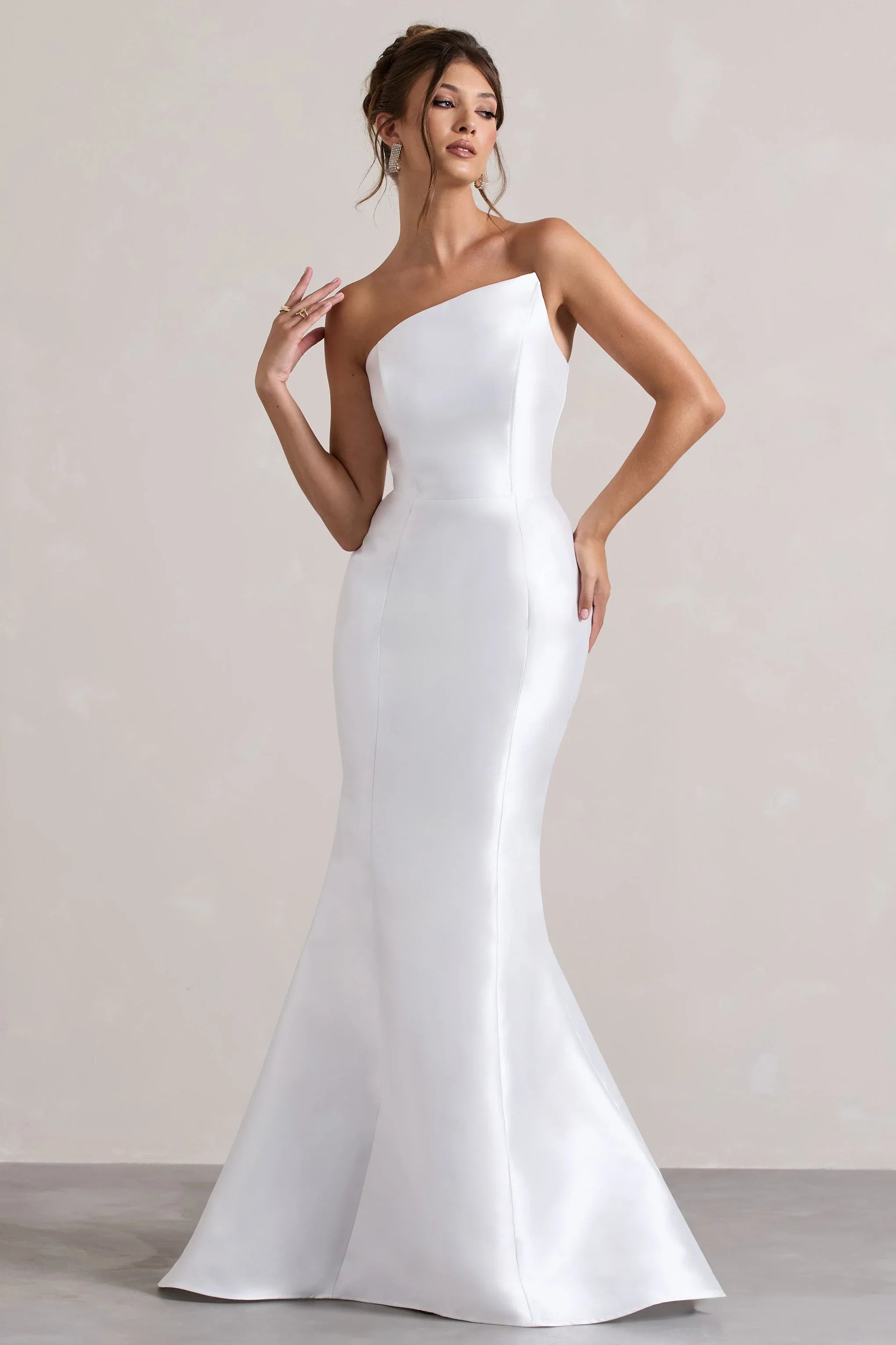 Define White Satin Asymmetric Fishtail Maxi Dress