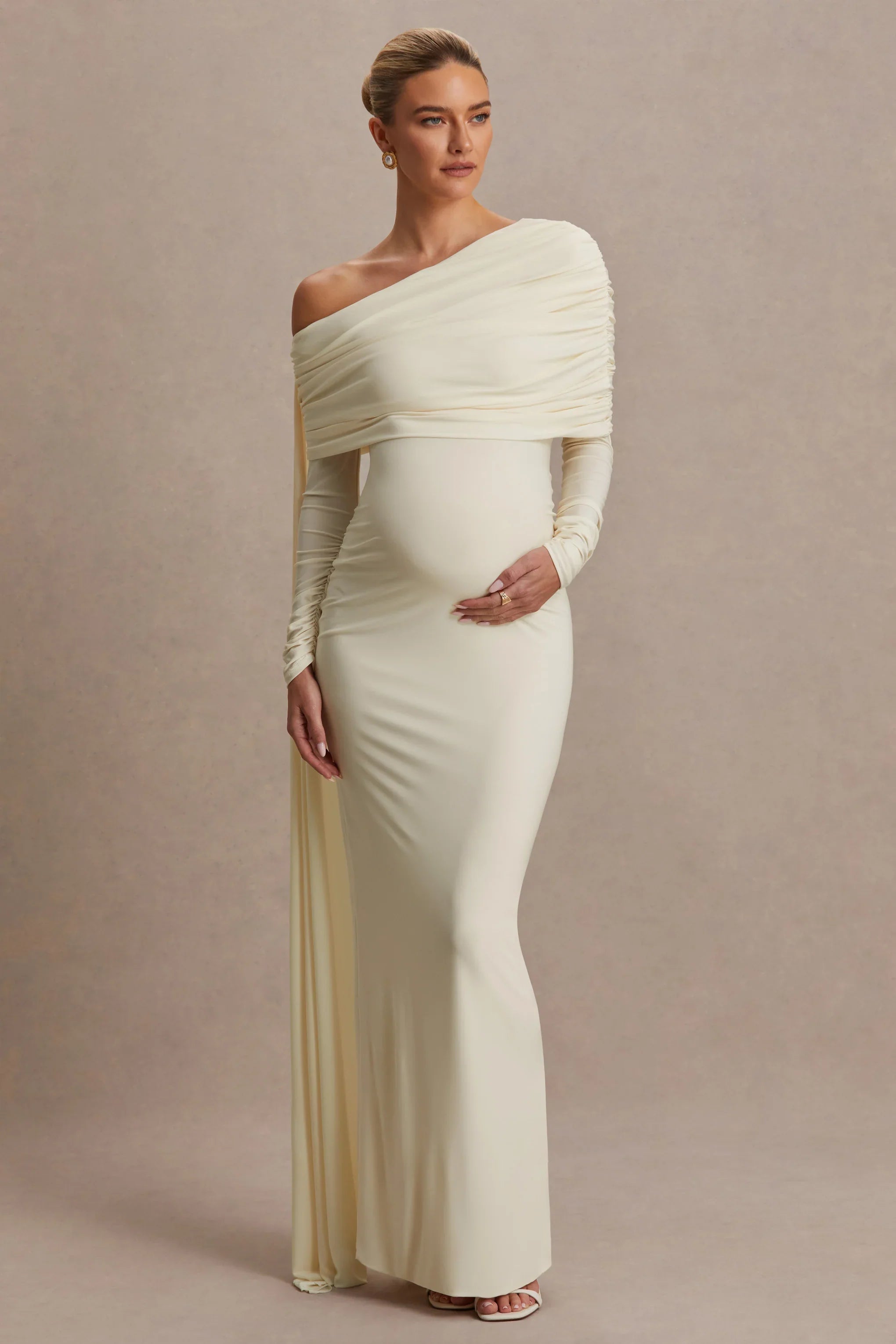 Cyra Cream Asymmetric Neck Maternity Maxi Dress With Sash