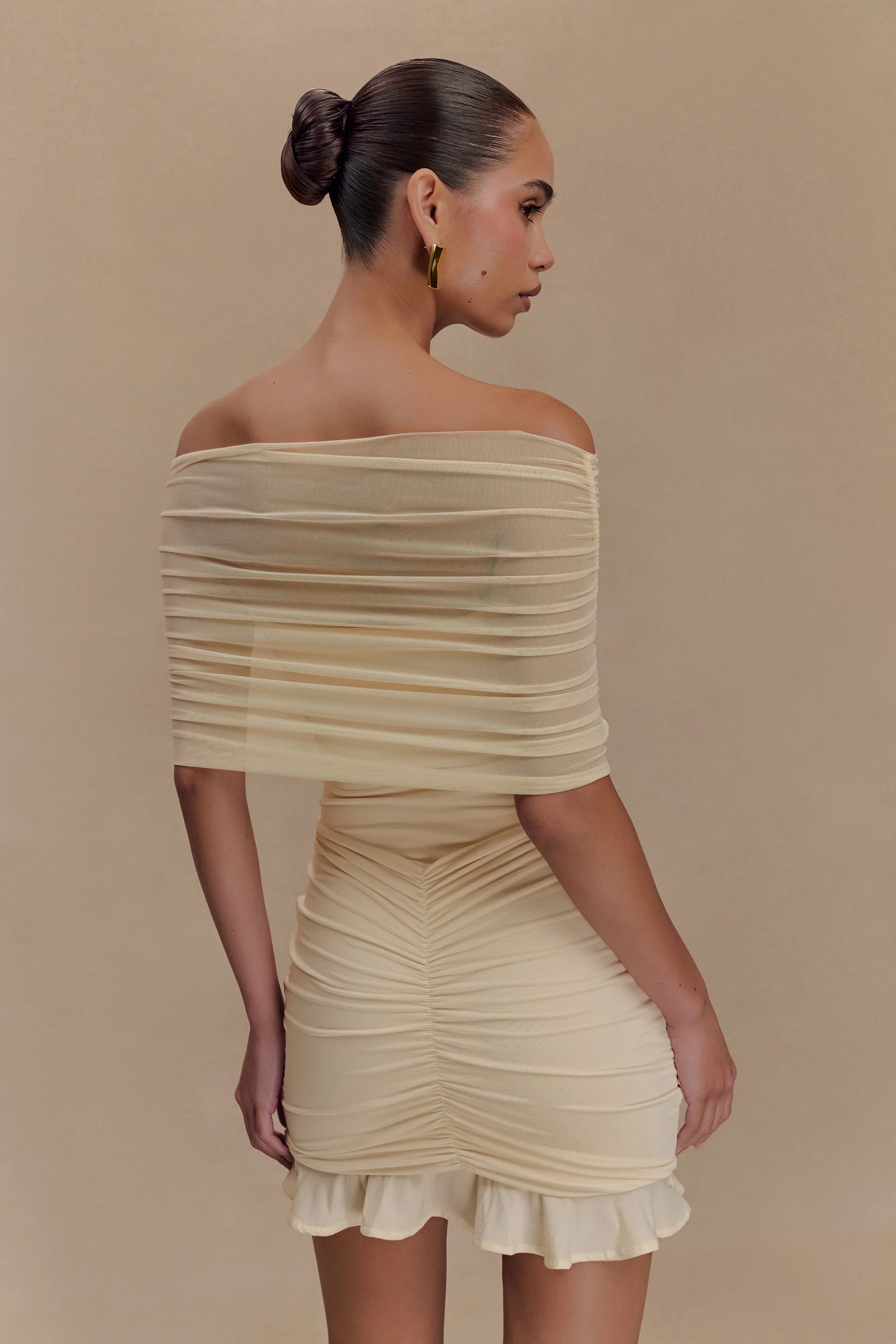 Caspian Slinky And Mesh Off Shoulder Mini Dress Ivory