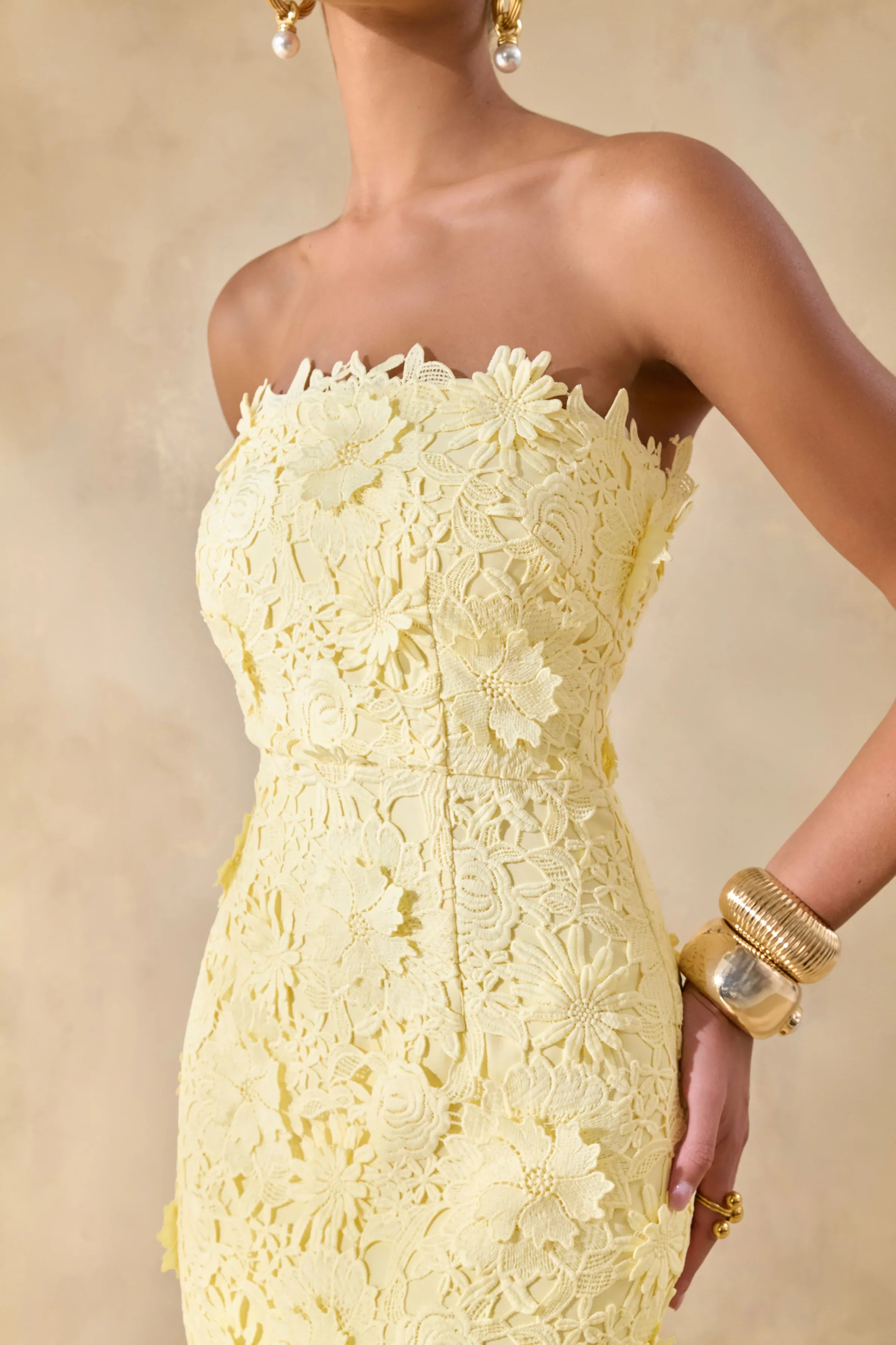 Gracie Lemon Lace Bandeau Maxi Dress