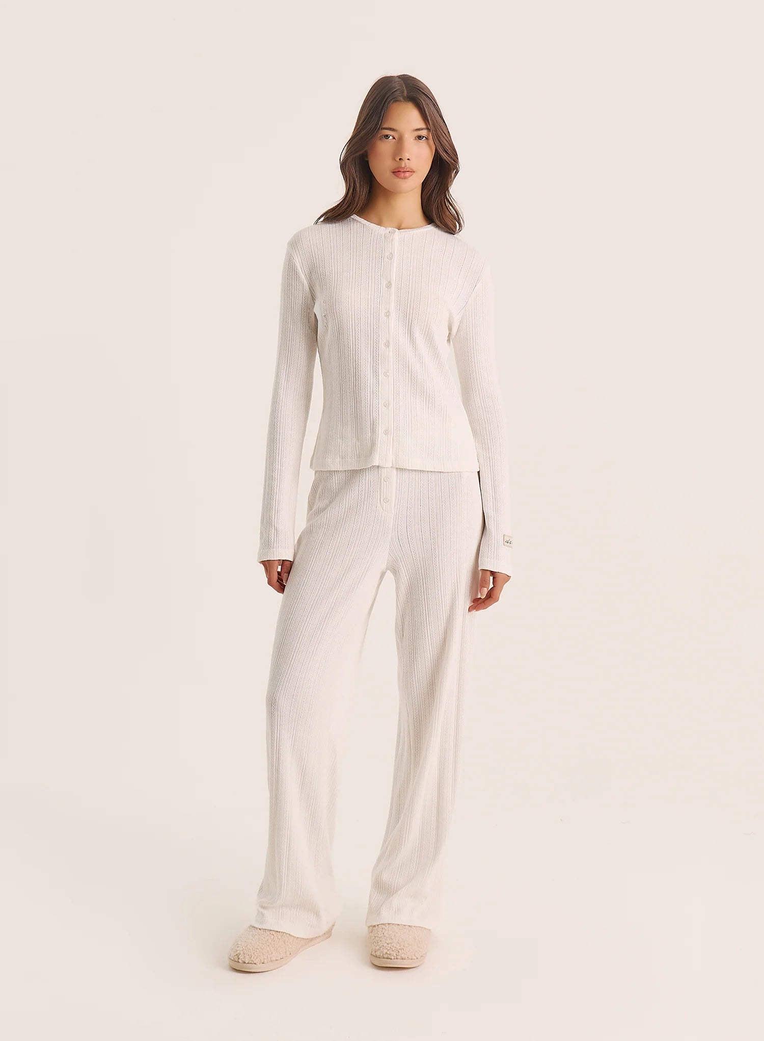 Ecru Pointelle Long Sleeve Buttoned Top