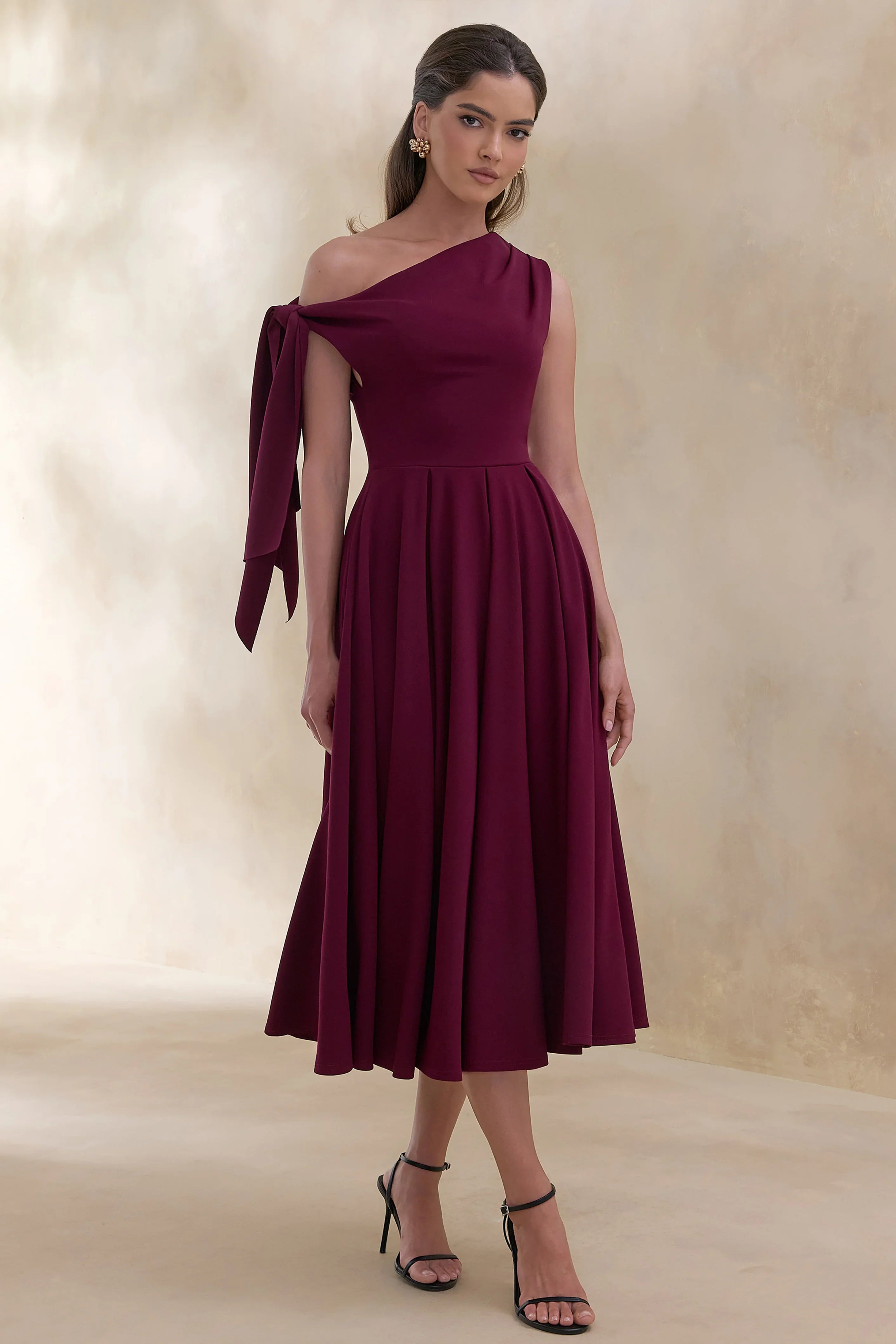 Daring Burgundy Asymmetric Neck Midi Dress With Knot Detail