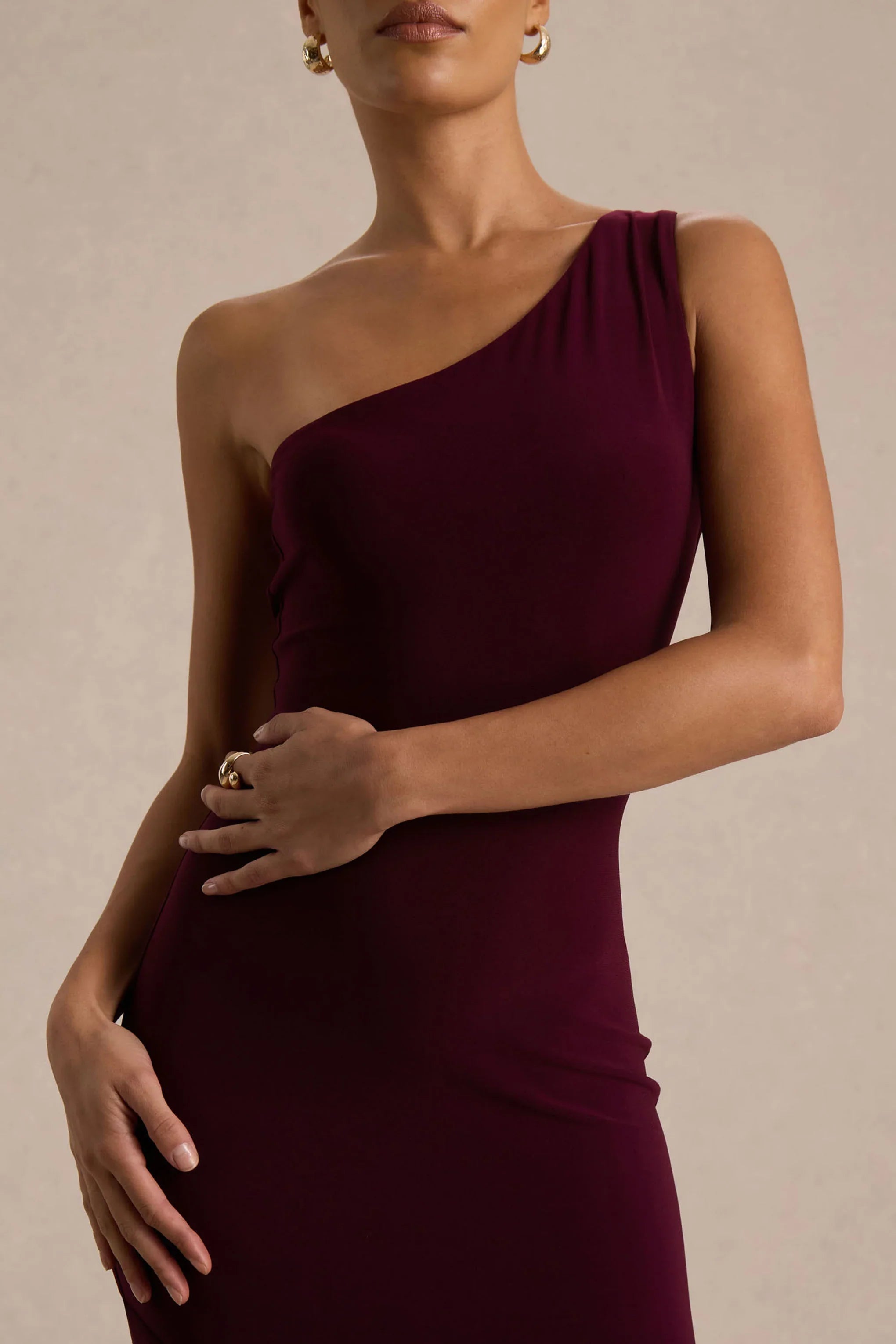 Zya Dark Plum Asymmetric Neck Fishtail Maxi Dress