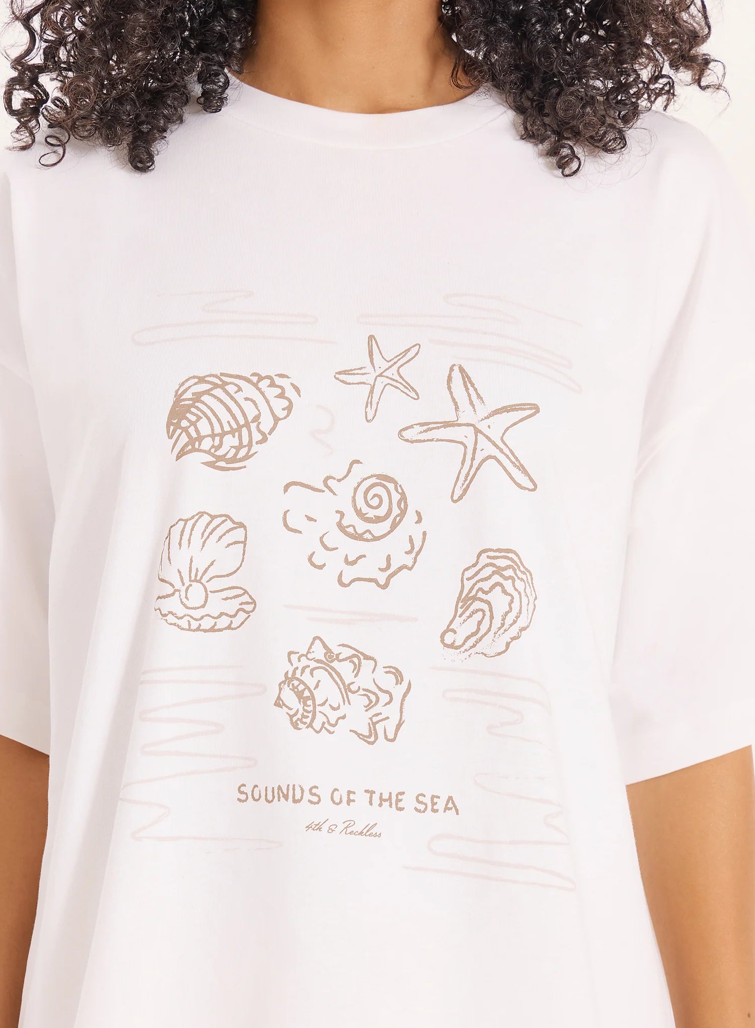 Cream Beach Graphic Printed Cotton T Shirt