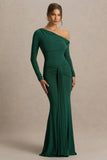 Clover Dark Green Asymmetric Neck Wrapped Maxi Dress With Sash