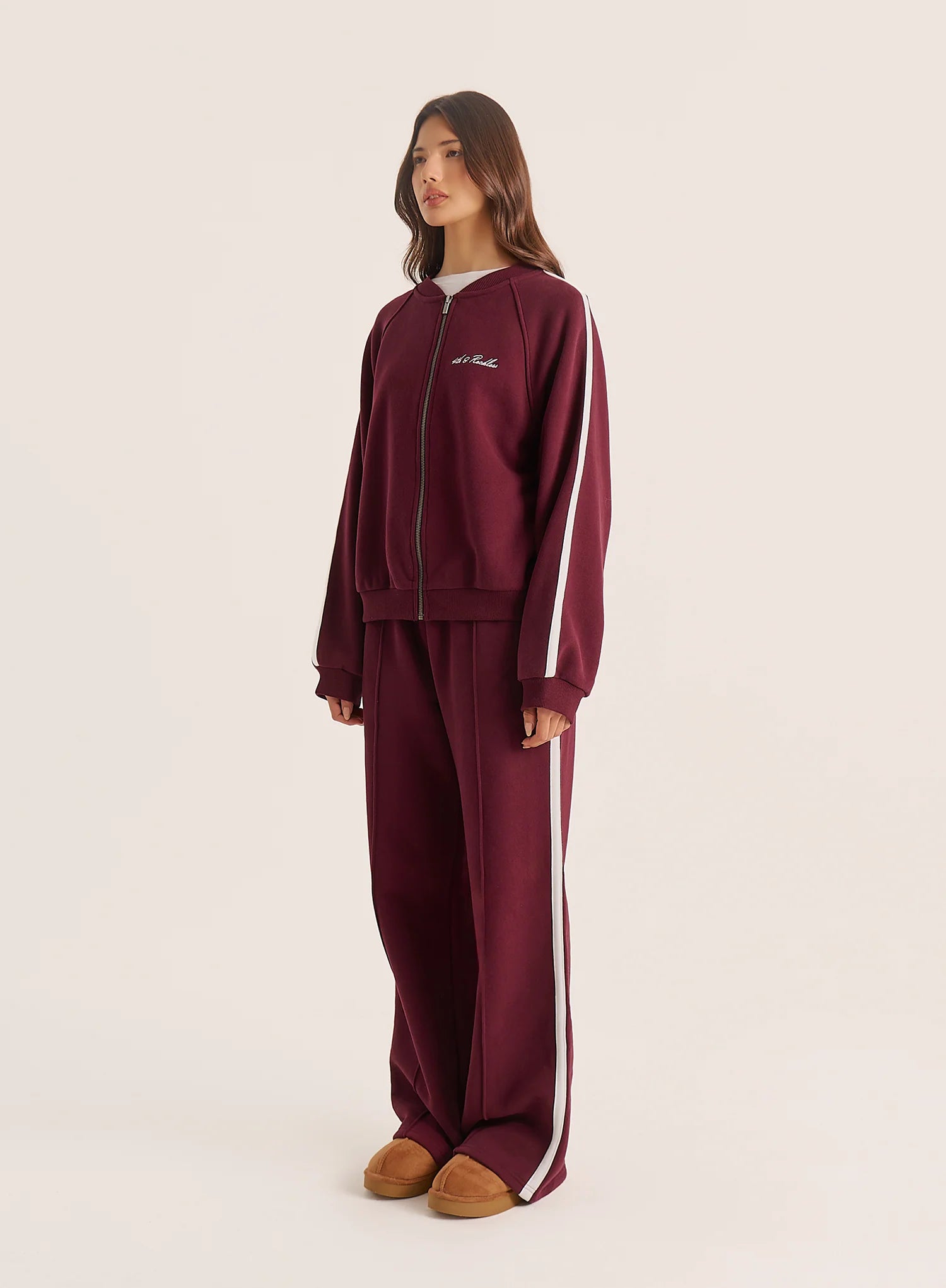Burgundy Contrast Stripe Zip Bomber Jacket
