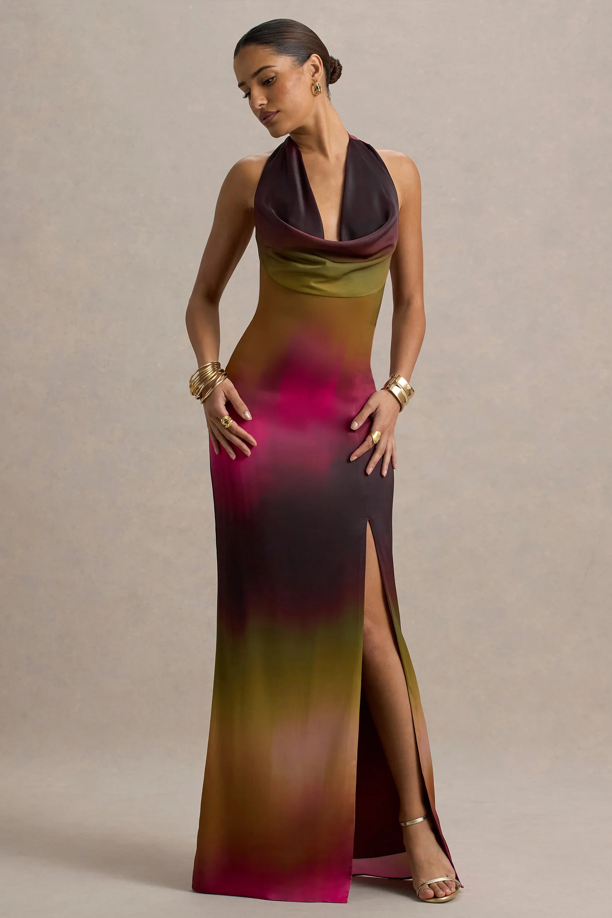 Fiorella Ombre Print Cowl Neck Split Maxi Dress