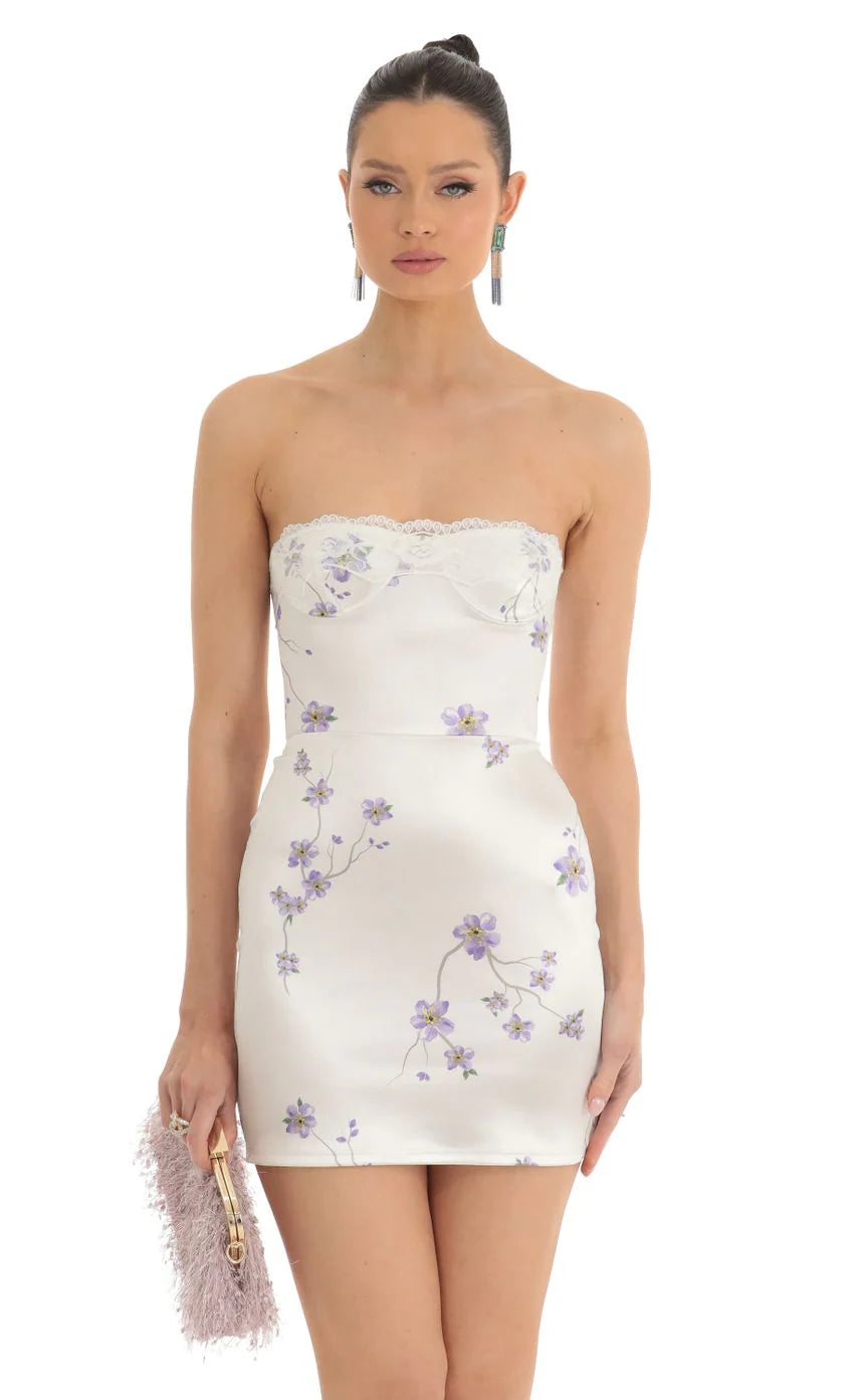Satin Floral Lace Strapless Dress in White