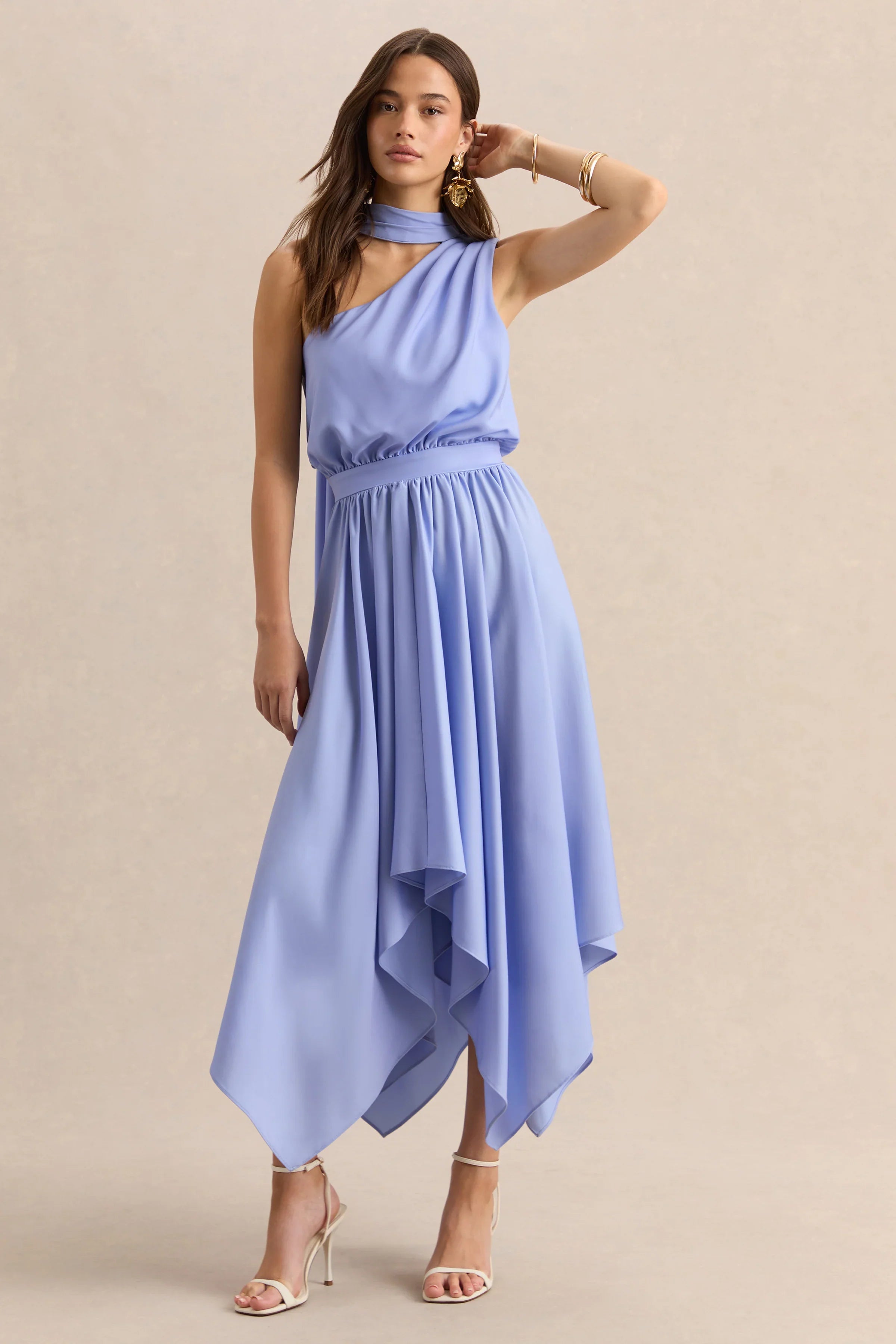Caluna Powder Blue Satin Asymmetric Neck Midi Dress With Scarf Detail