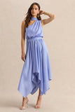 Caluna Powder Blue Satin Asymmetric Neck Midi Dress With Scarf Detail