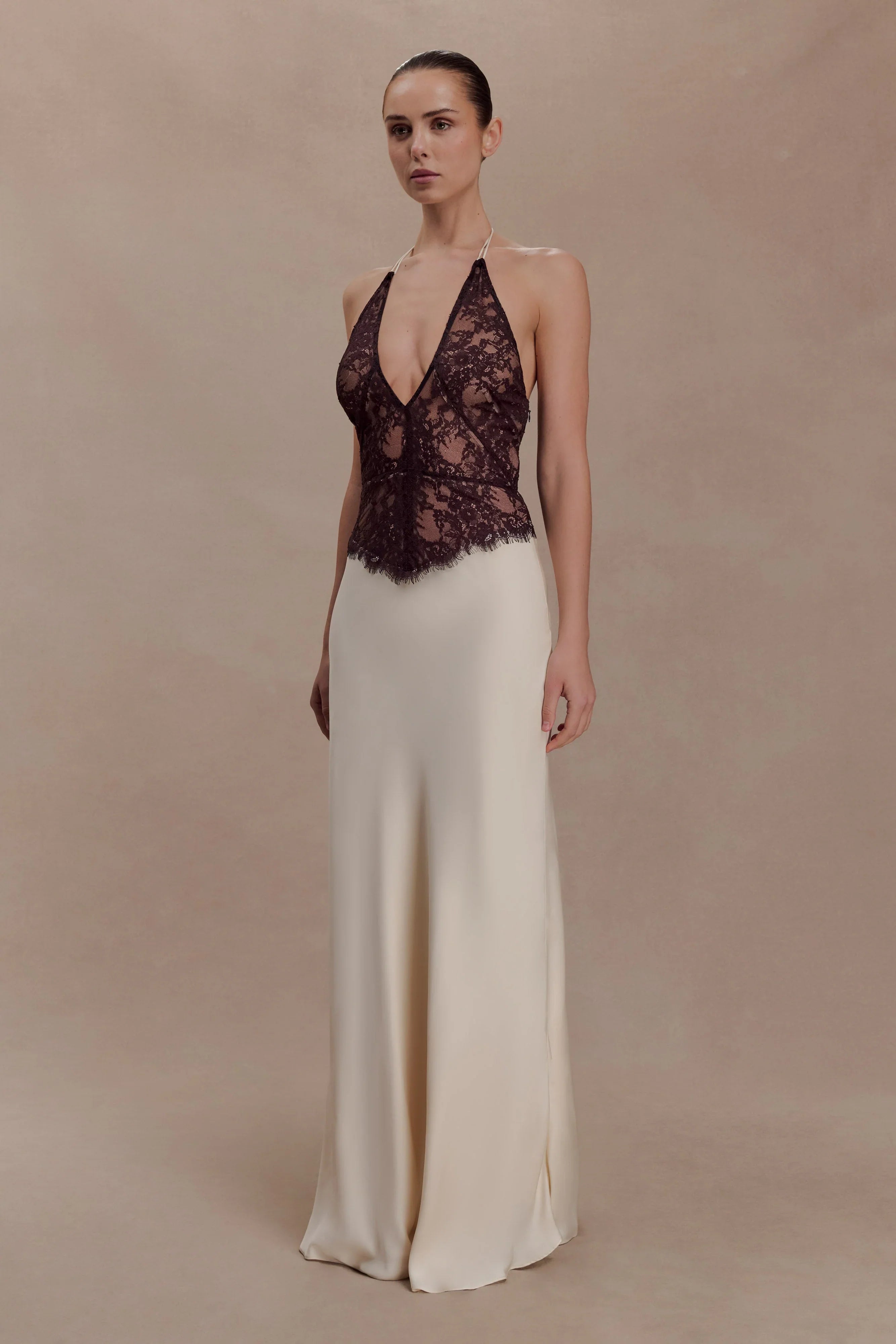 Sascha Lace And Satin Halter Maxi Dress Ivory Chocolate