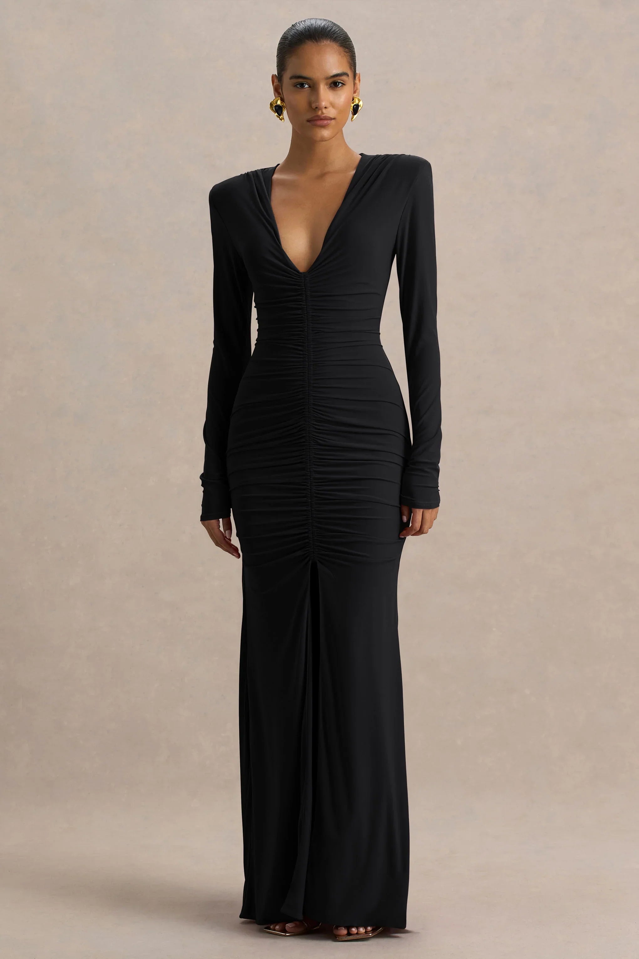 Jewel Black Plunge Neck Maxi Dress With Front Split and Ruched Detailing