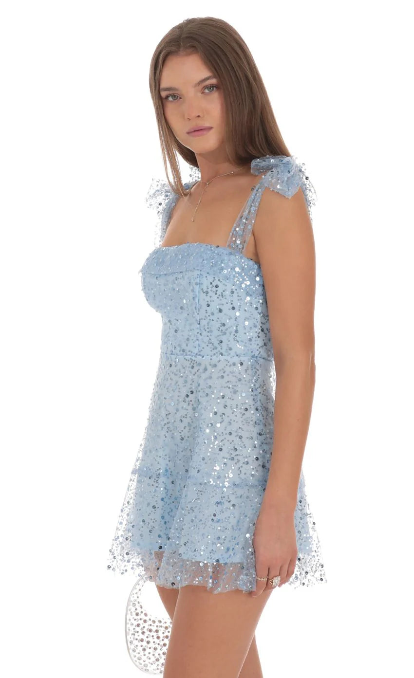 Sequin Beaded A line Dress in Sky Blue