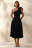 Meria Black Asymmetric Neck Midi Dress With Bow Sleeve