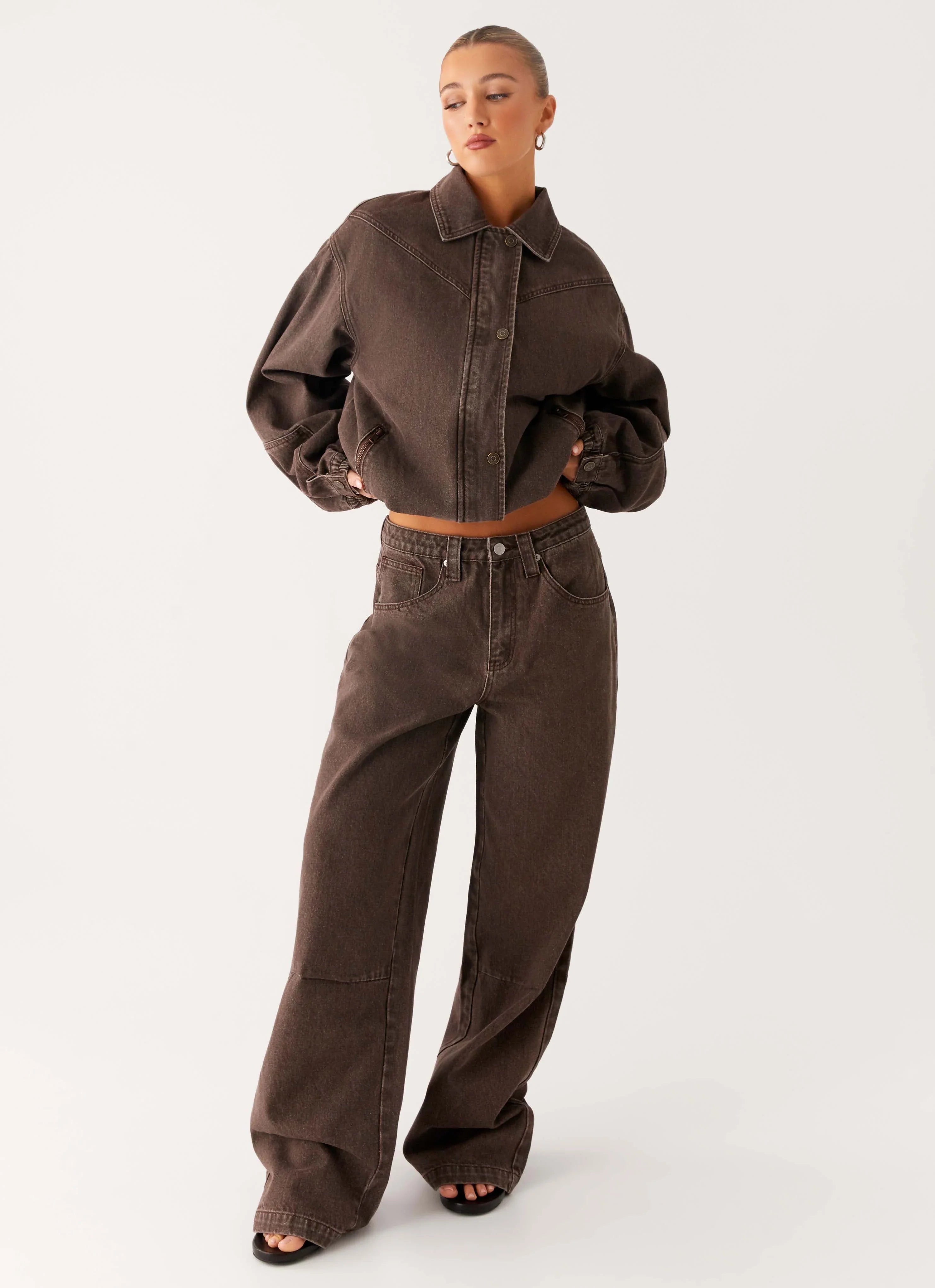 Midwest Washed Denim Bomber Jacket Light Wash Chocolate