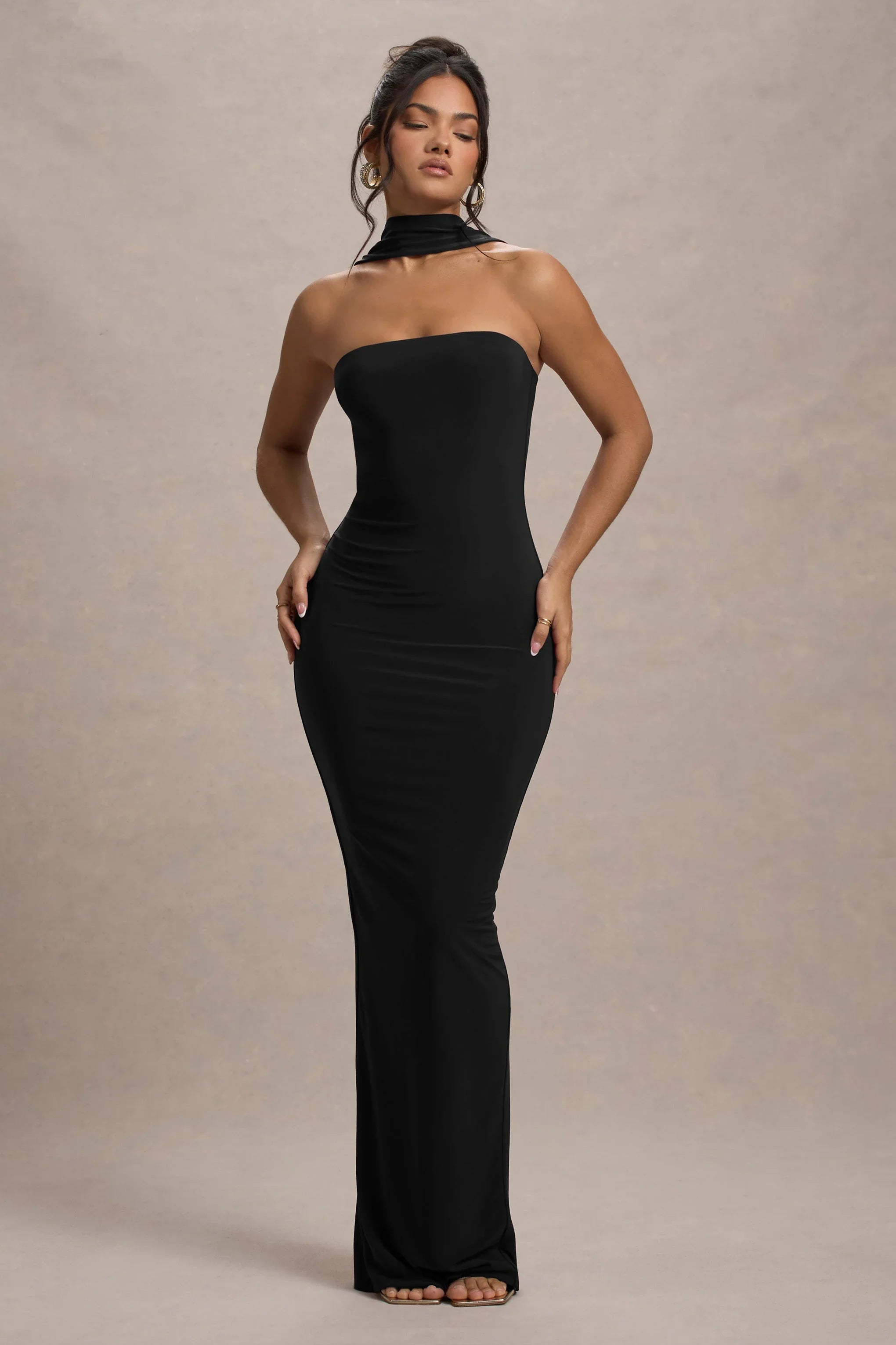 Nobu Black Bandeau Maxi Dress With Halter Collar