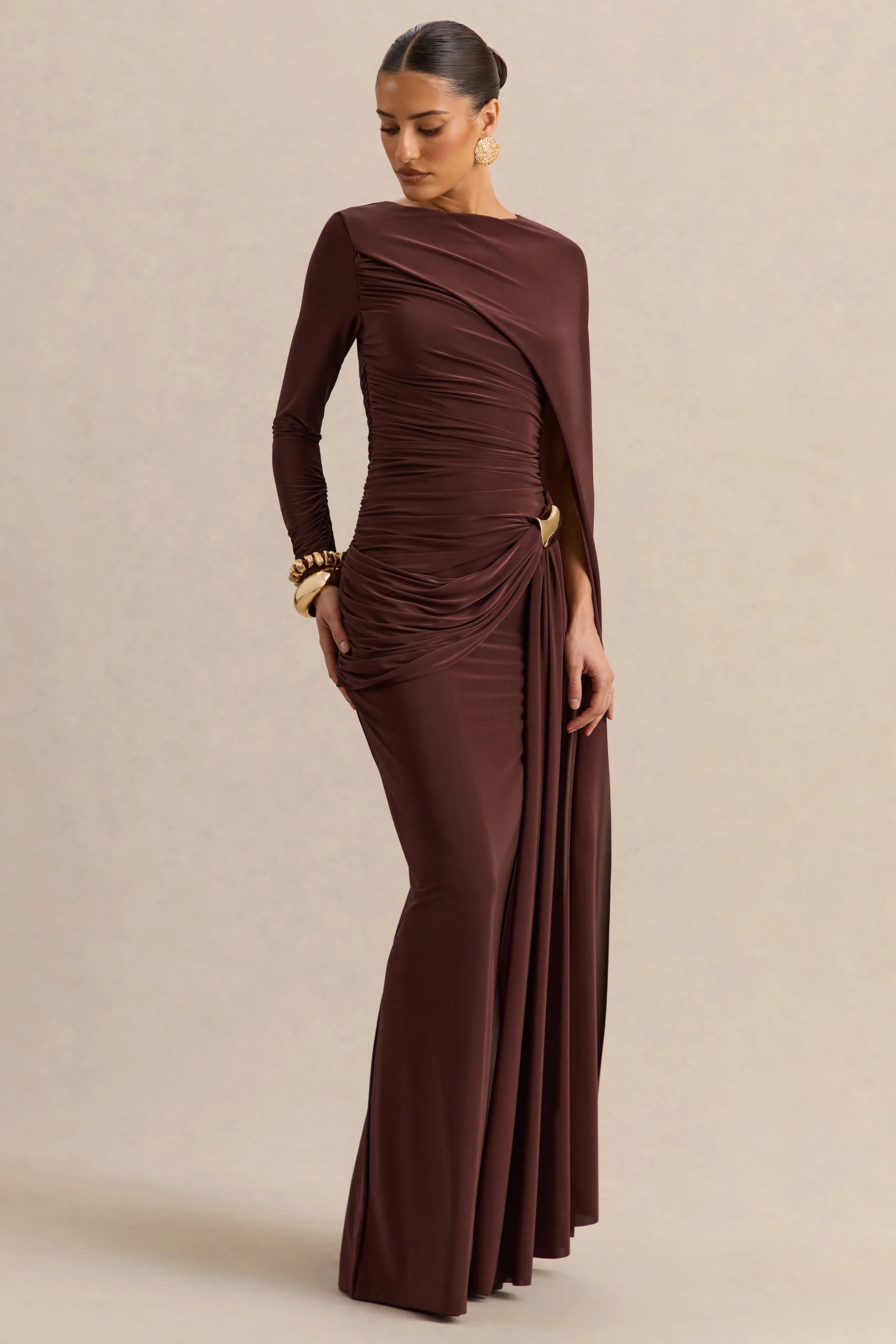 Orintha Brown Slashed Neck Maxi Dress With Cape And Gold Detail