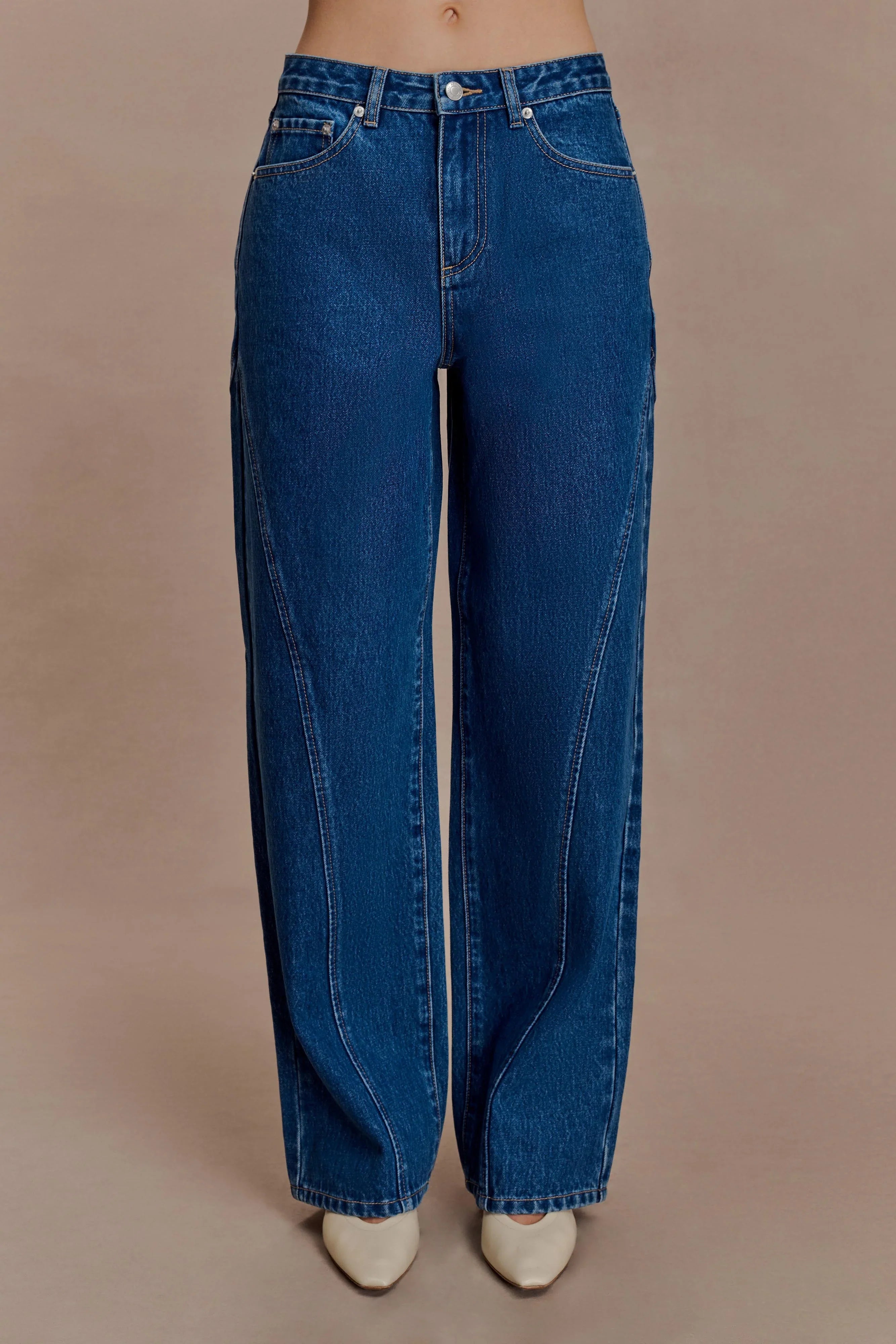 Georgette Mid Rise Paneled Denim Jeans Dark Blue