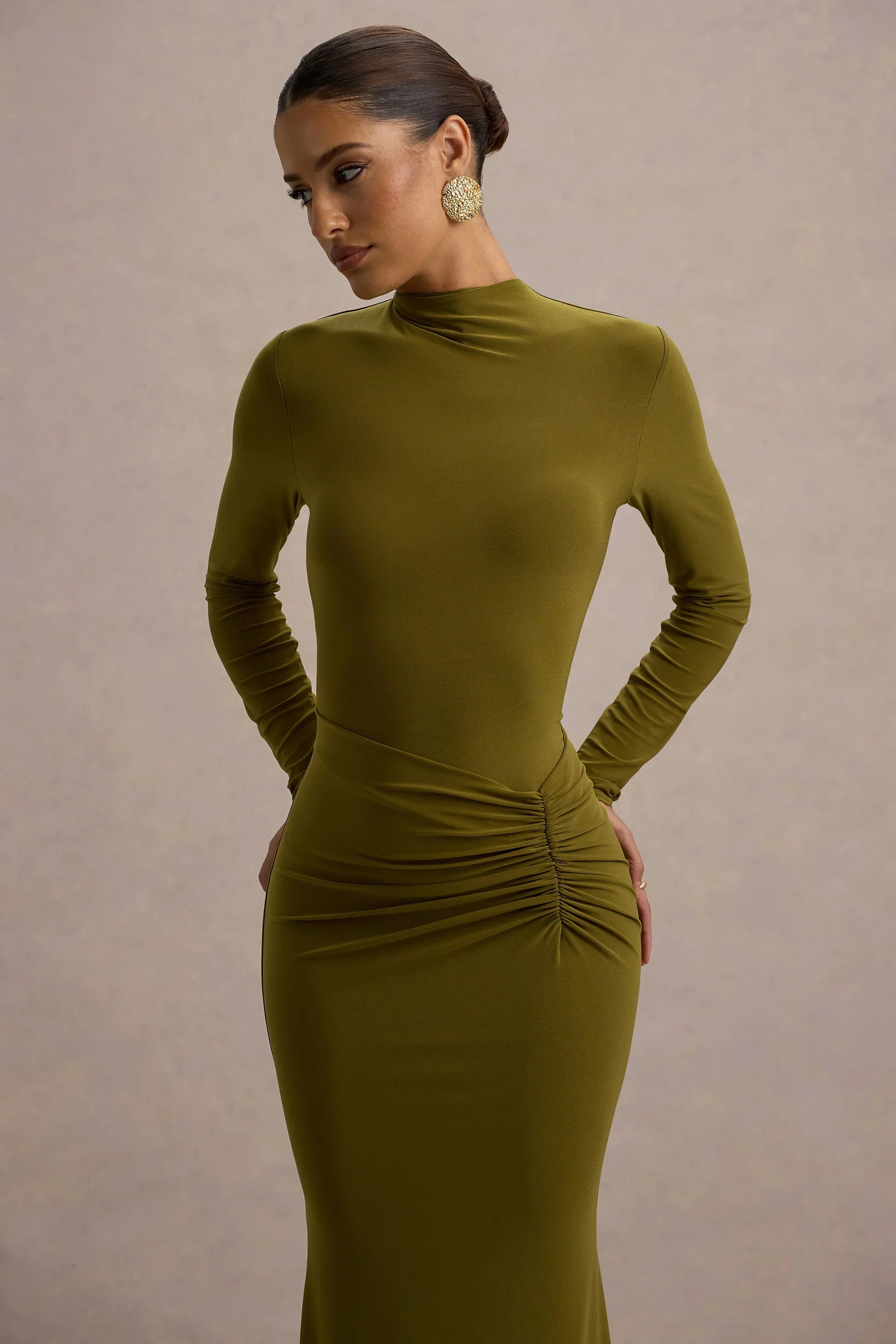Reid Green Long Sleeve Gathered Maxi Dress