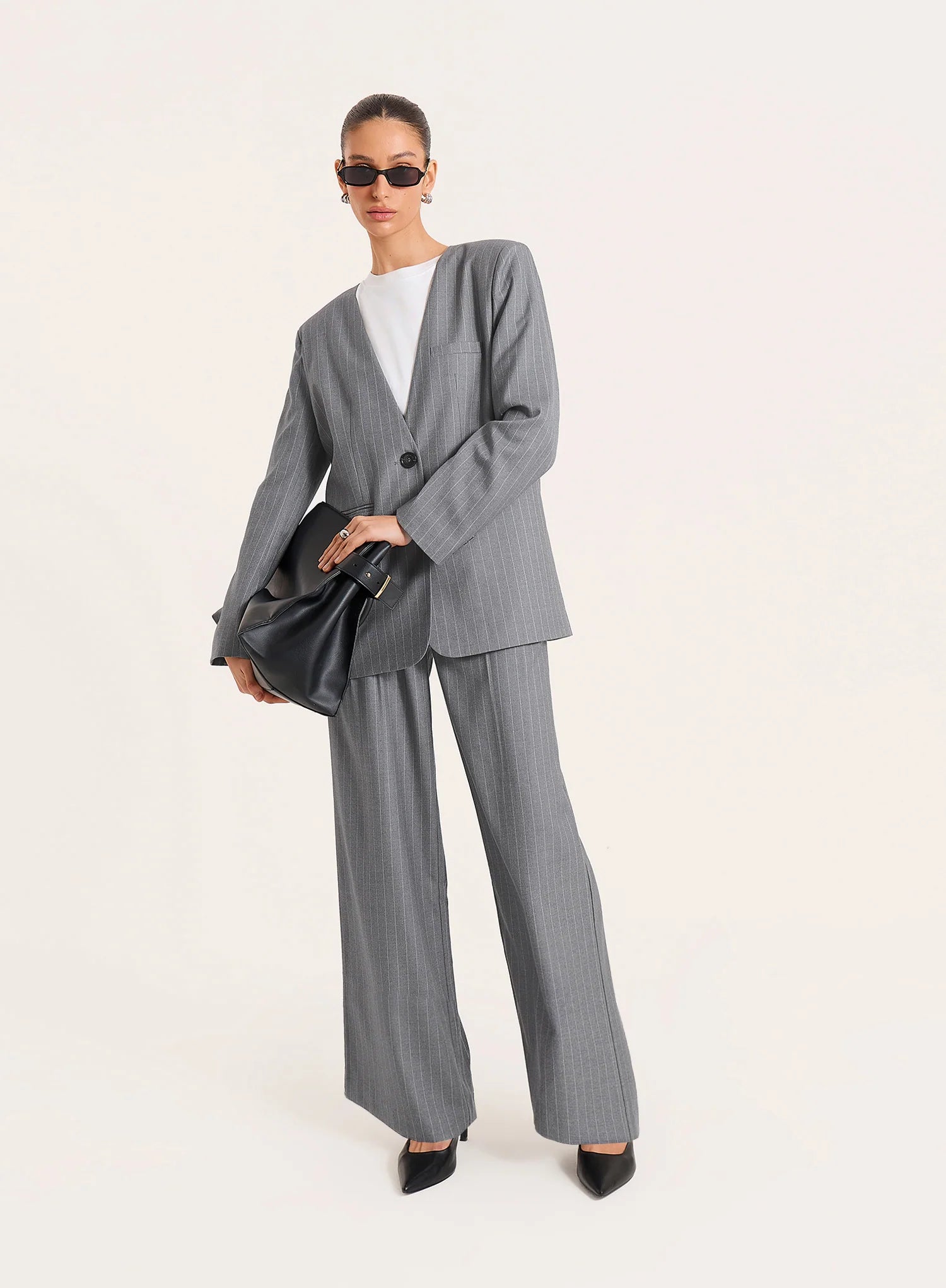 Grey Pinstripe Collarless Blazer