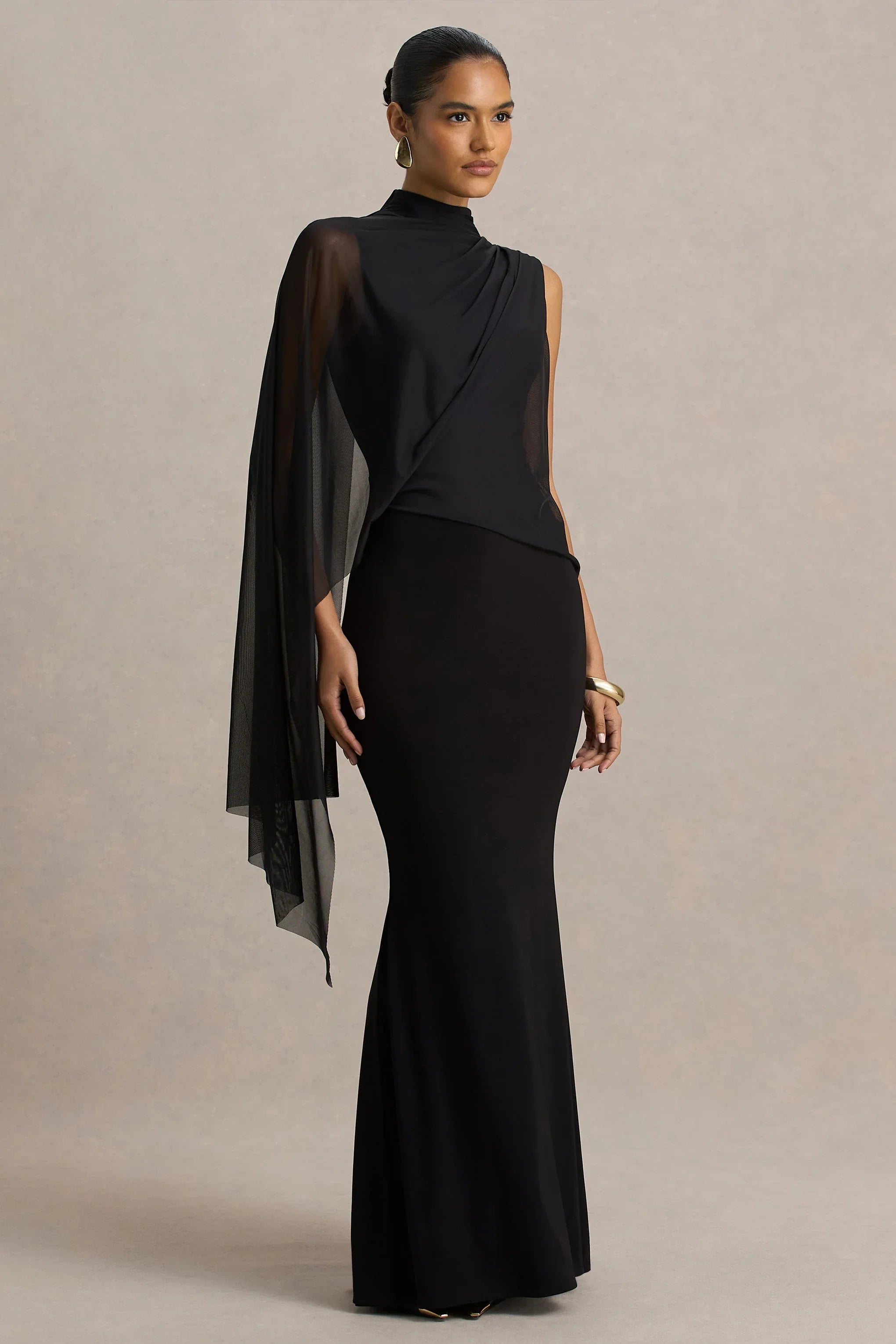 Amour Black High Neck Maxi Dress With Cape Sleeve Detail
