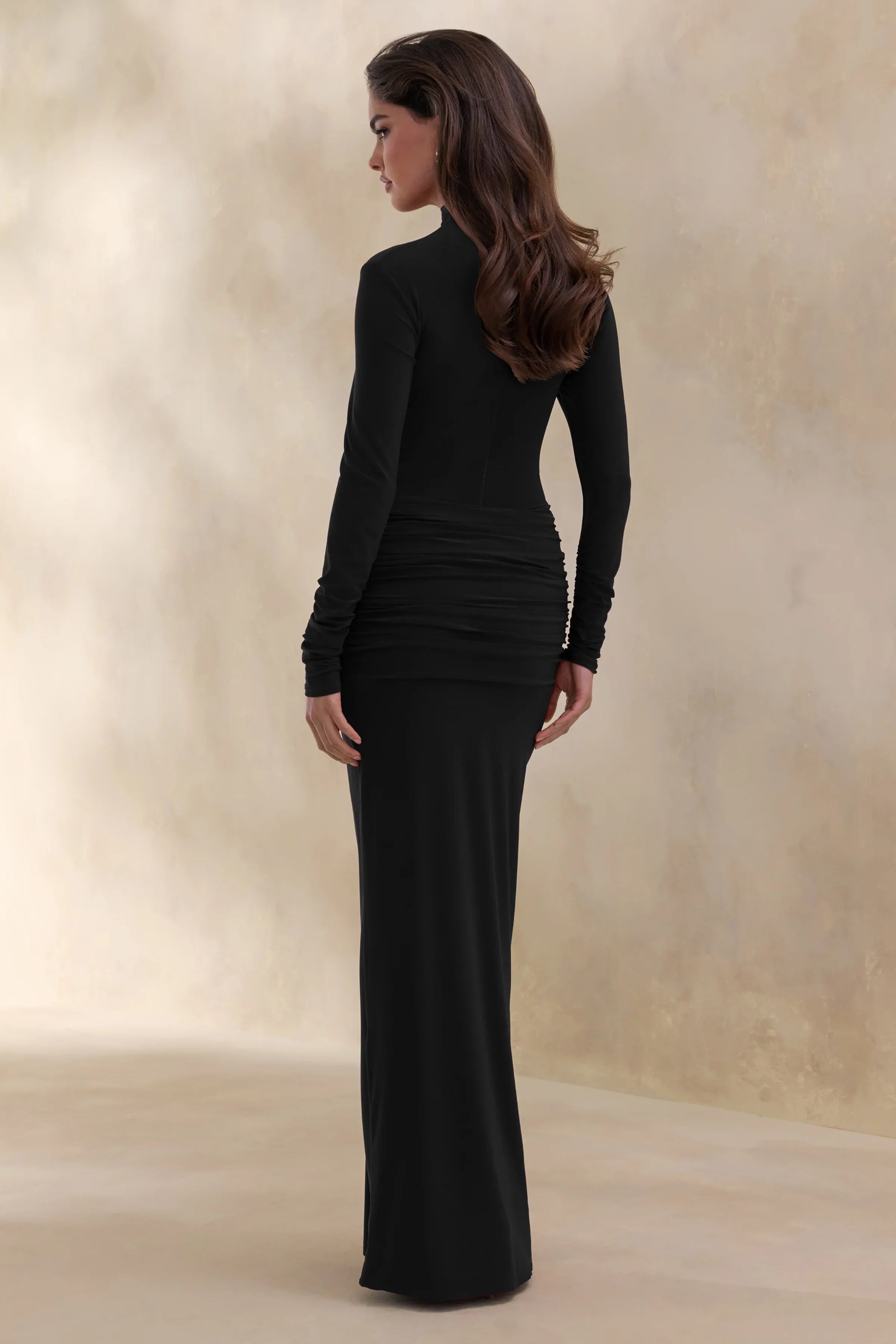 Ambrette Black High Neck Maxi Dress With Gathered Detailing